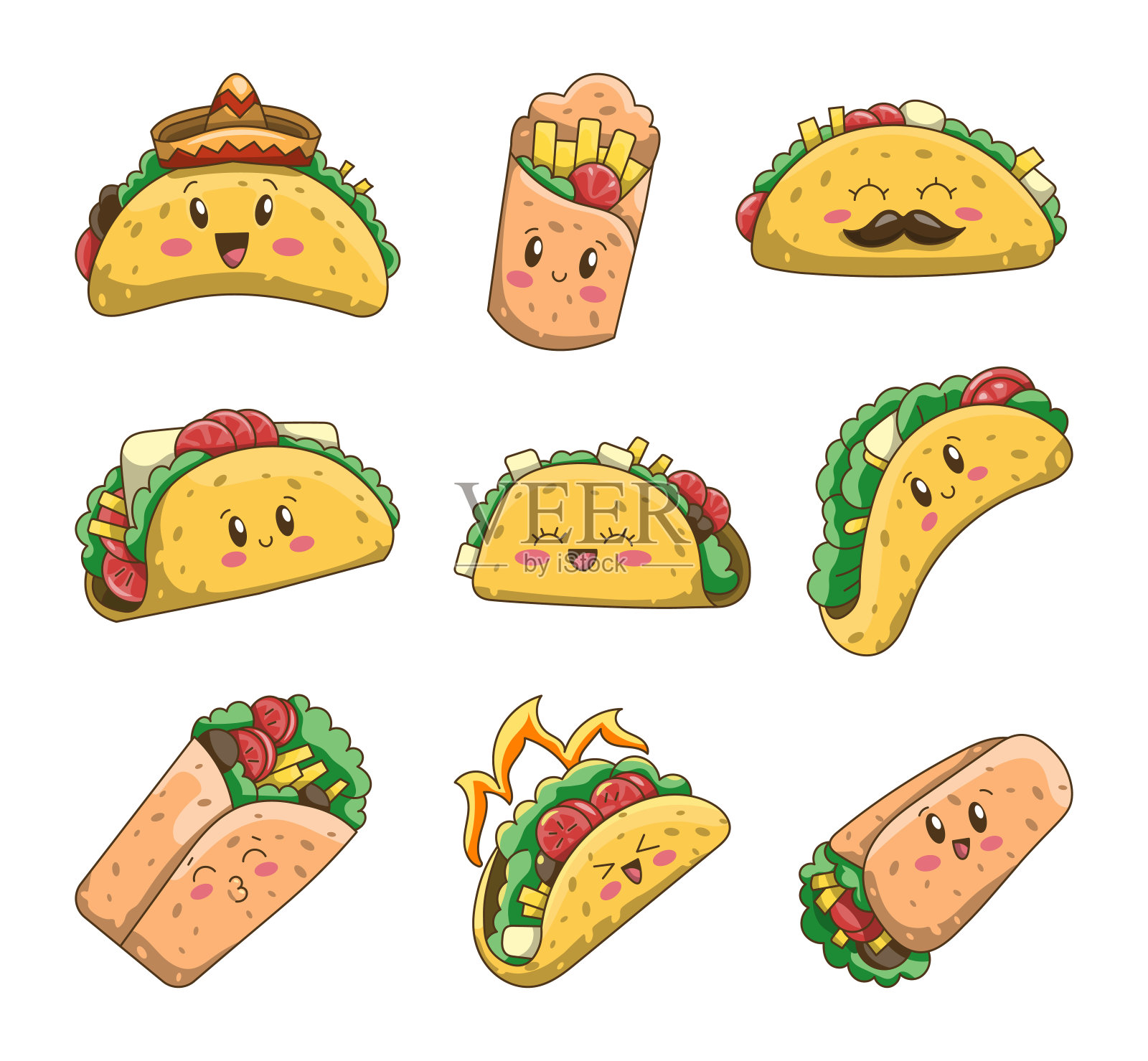 墨西哥卷饼和墨西哥卷饼的角色。可爱的墨西哥快餐。矢量图。设计元素的集合。插画图片素材