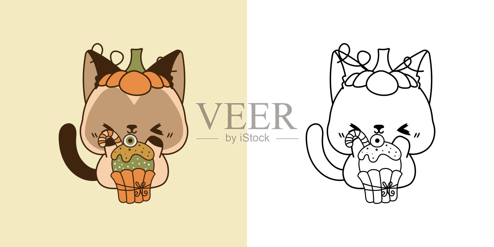 万圣节暹罗猫五颜六色，黑白相间。美丽的剪贴画万圣节猫。插画图片素材