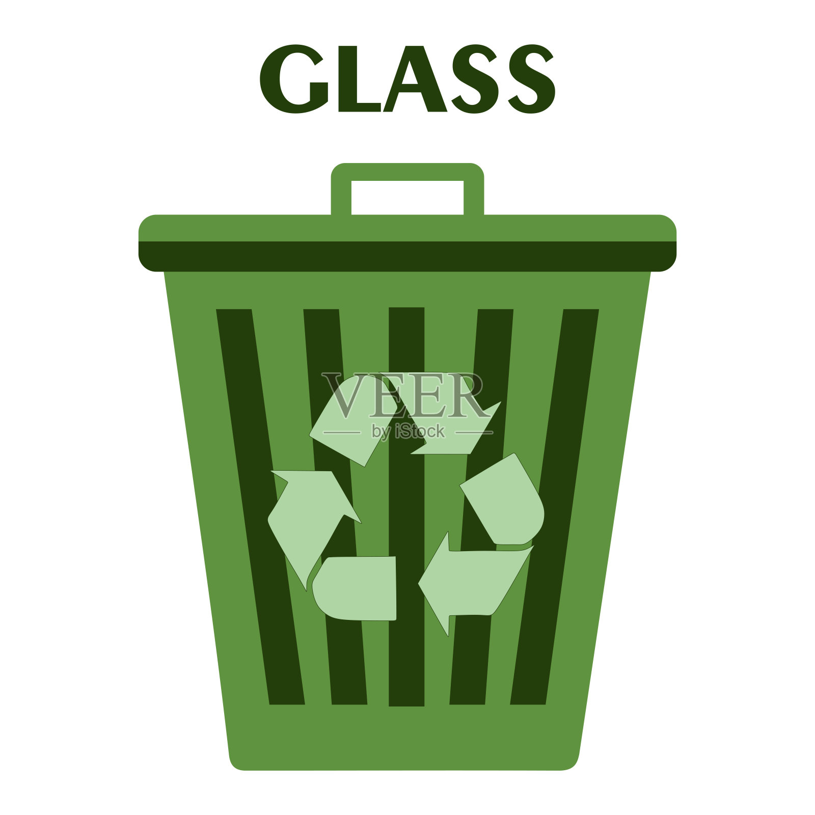 绿色回收玻璃垃圾桶。重复使用或减少符号。塑料回收垃圾桶。垃圾桶图标在平面上。废物回收利用。环境保护。矢量插图隔离在白色插画图片素材