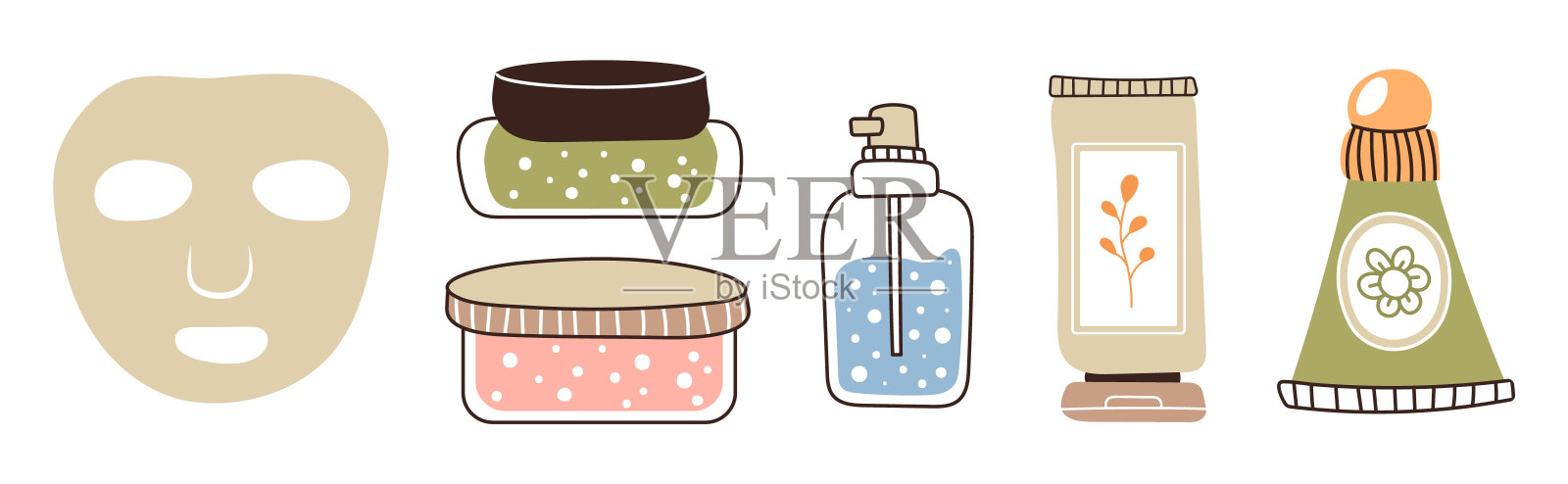 一套瓶瓶罐罐的化妆品，护肤用的瓶子，头发和身体霜。时尚风格的明信片，横幅，包装纸模板。矢量插图。插画图片素材