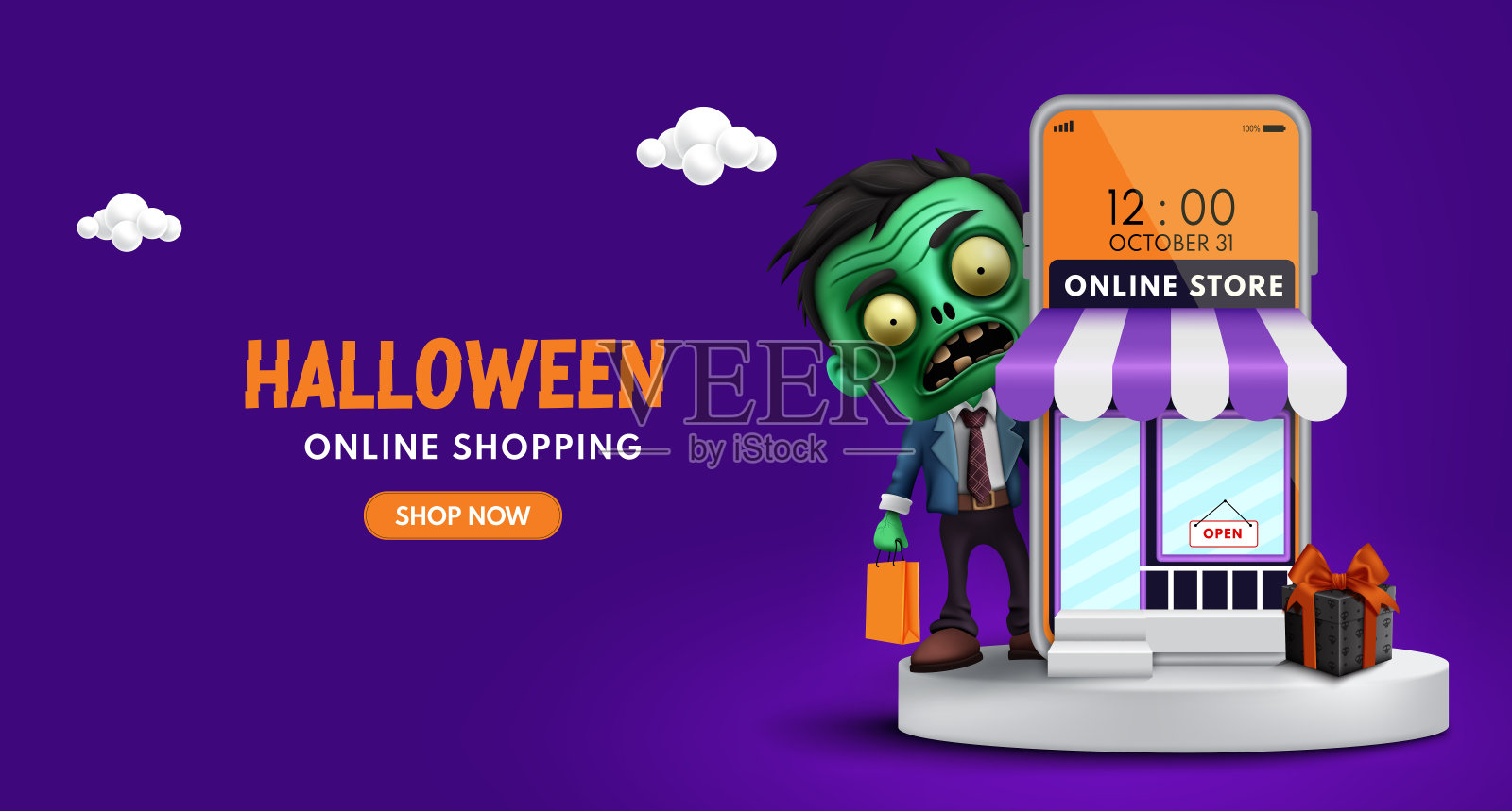 万圣节在线销售文本矢量横幅。万圣节在线购物手机应用程序与令人毛骨悚然的僵尸角色插画图片素材