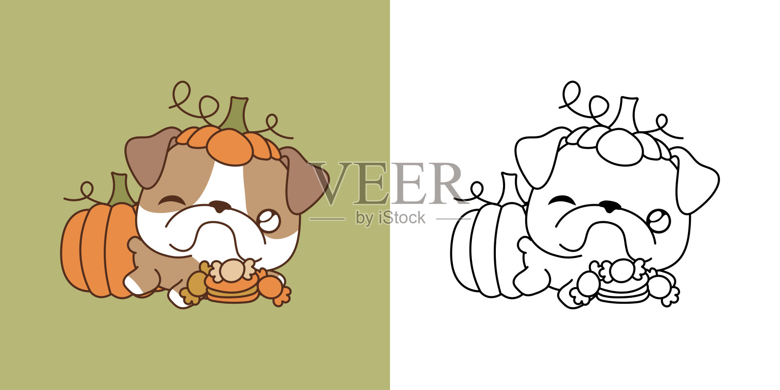 卡哇伊万圣节斗牛犬狗多色和黑白。美丽的剪贴画万圣节小狗。插画图片素材