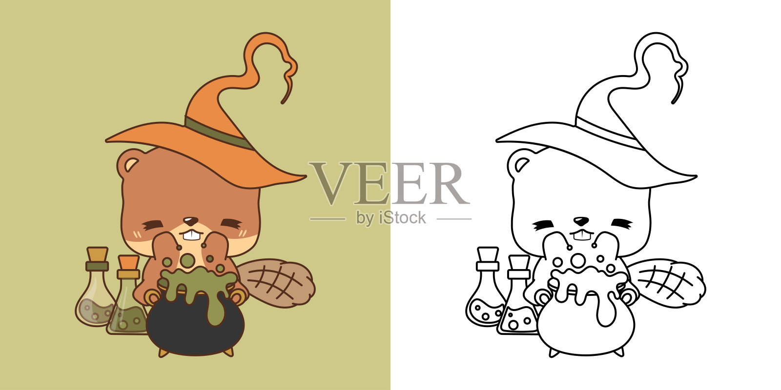 卡哇伊剪纸万圣节海狸插图和着色页。有趣的卡哇伊万圣节森林动物插画图片素材