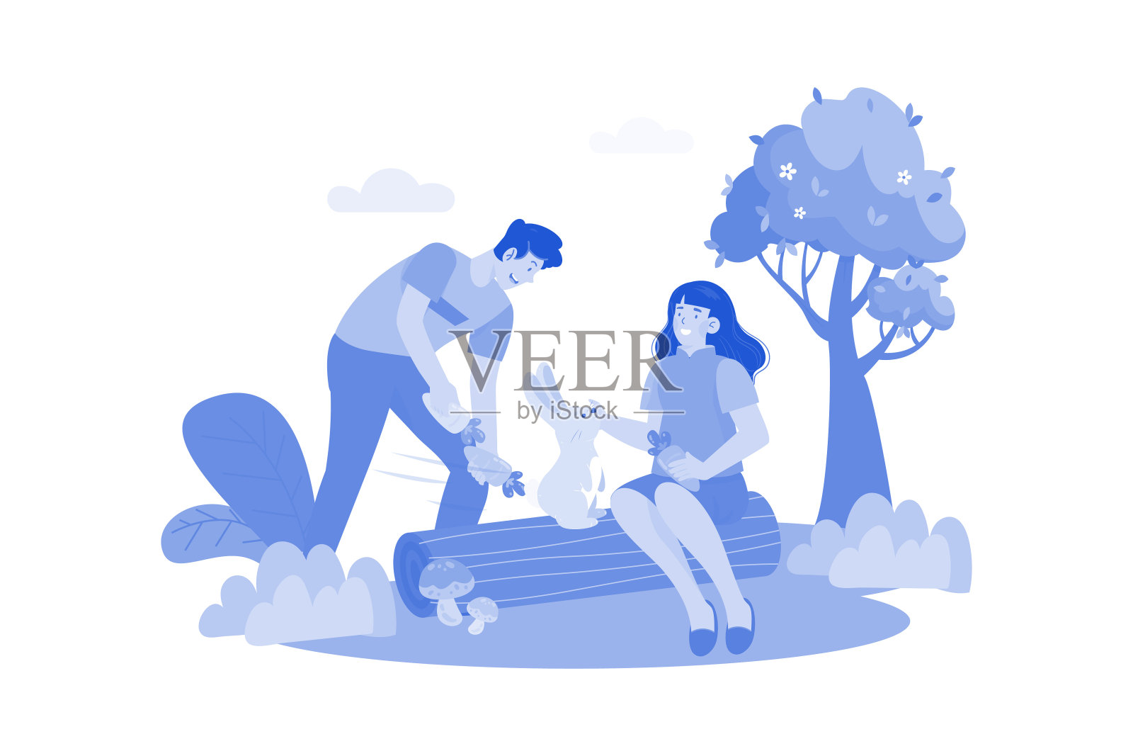 一对夫妇喂小兔子在白色背景插图概念插画图片素材