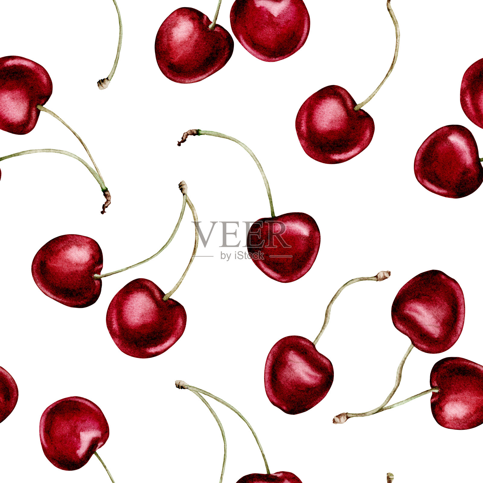 水彩插图的无缝图案与一个浆果樱桃与细枝在一个轻背景。无尽的重复打印背景。适用于织物、纺织品、服装、印花、墙纸、海报等插画图片素材