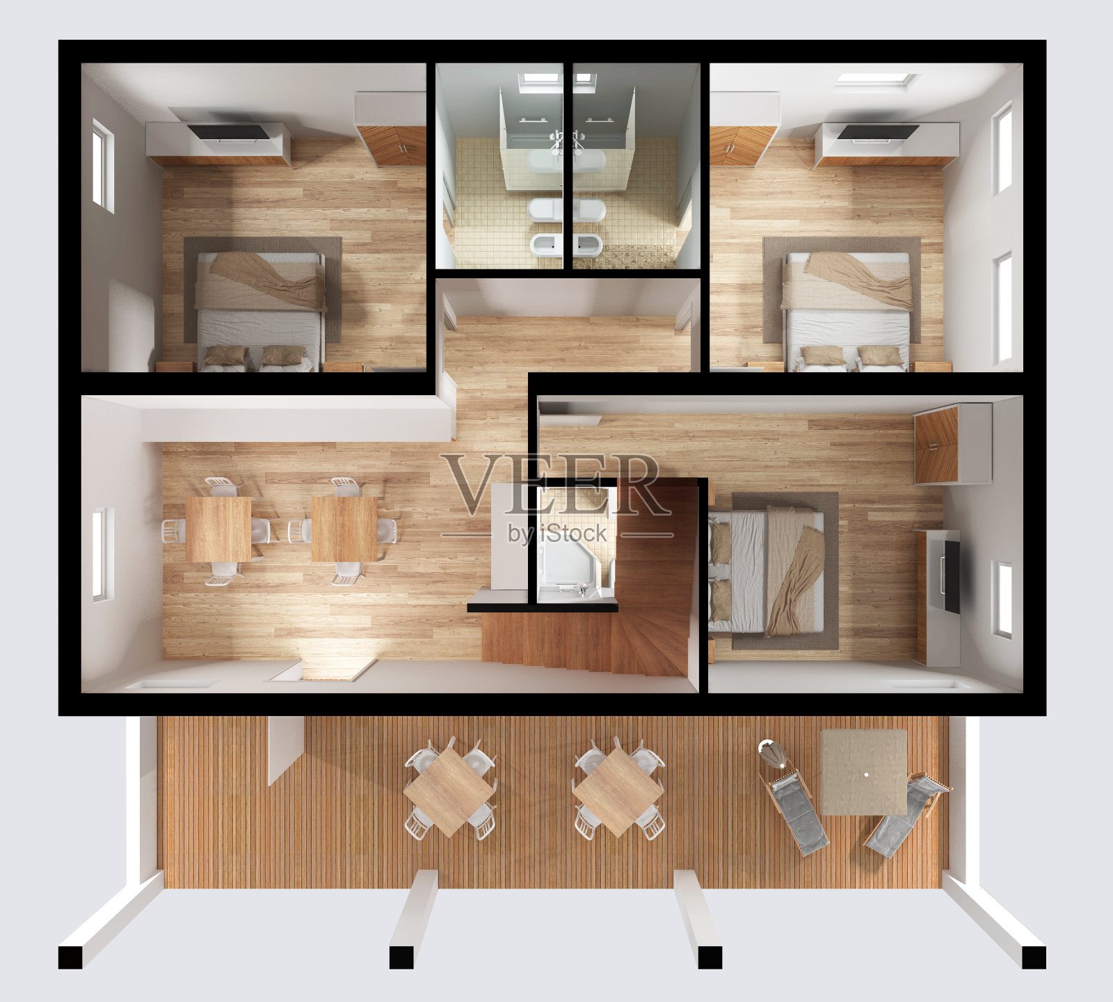 公寓平顶视图，家具和装饰，平面，室内设计截面，建筑师设计师的概念想法，浅灰色背景照片摄影图片