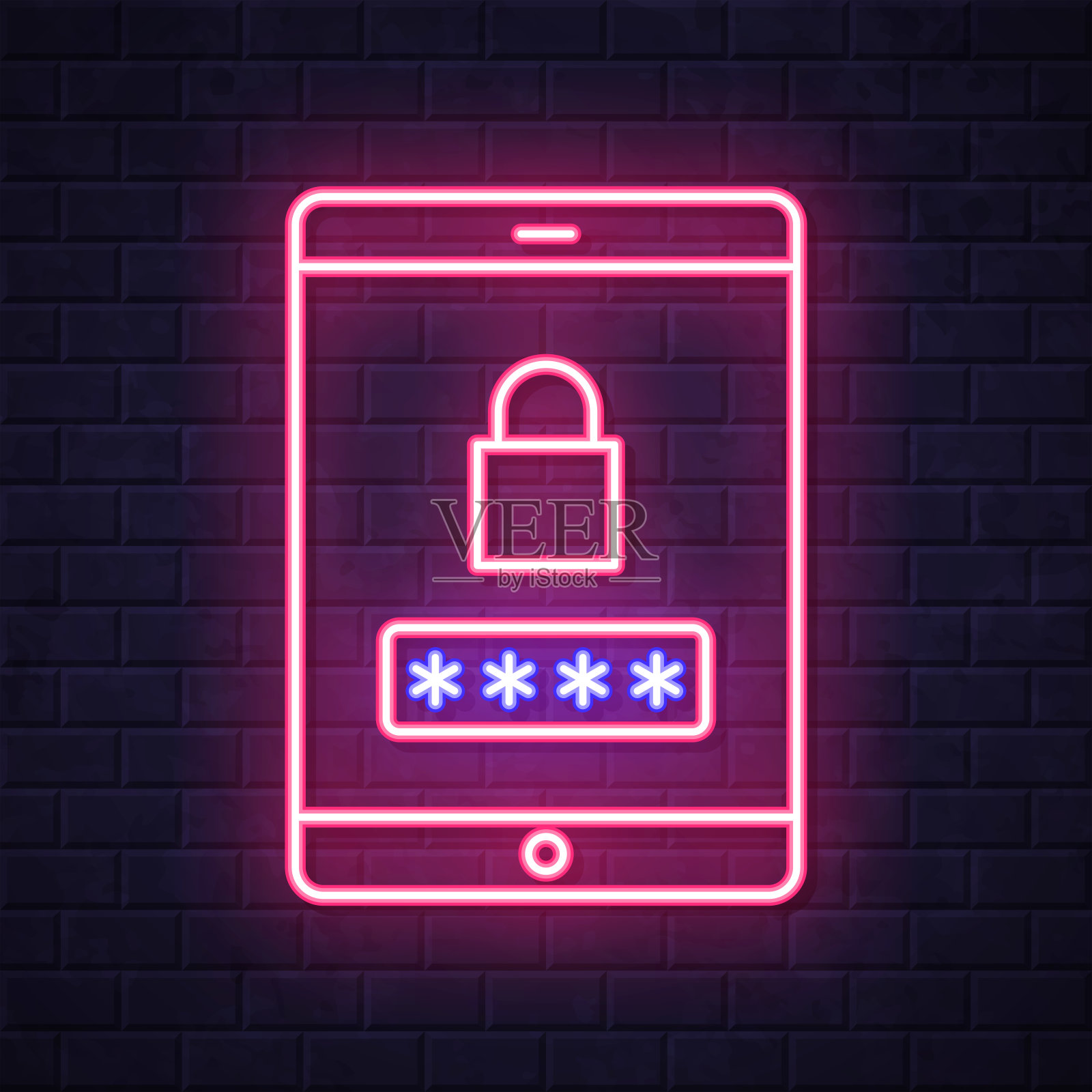 带密码的平板电脑。在砖墙背景上发光的霓虹灯图标插画图片素材