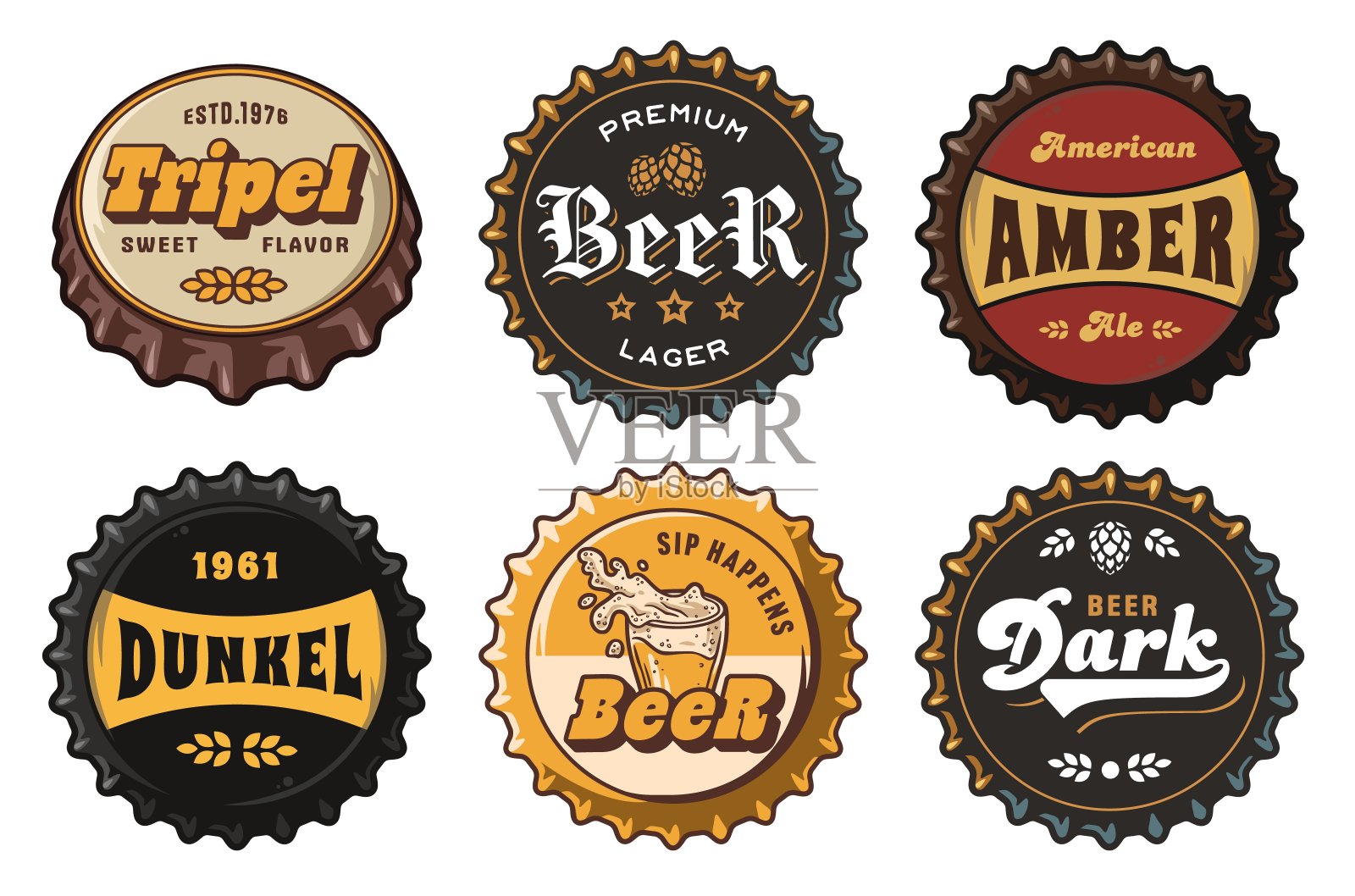 啤酒帽矢量集的设计酿造啤酒在一个啤酒厂。手工酿造标志的金属软木塞集合插画图片素材