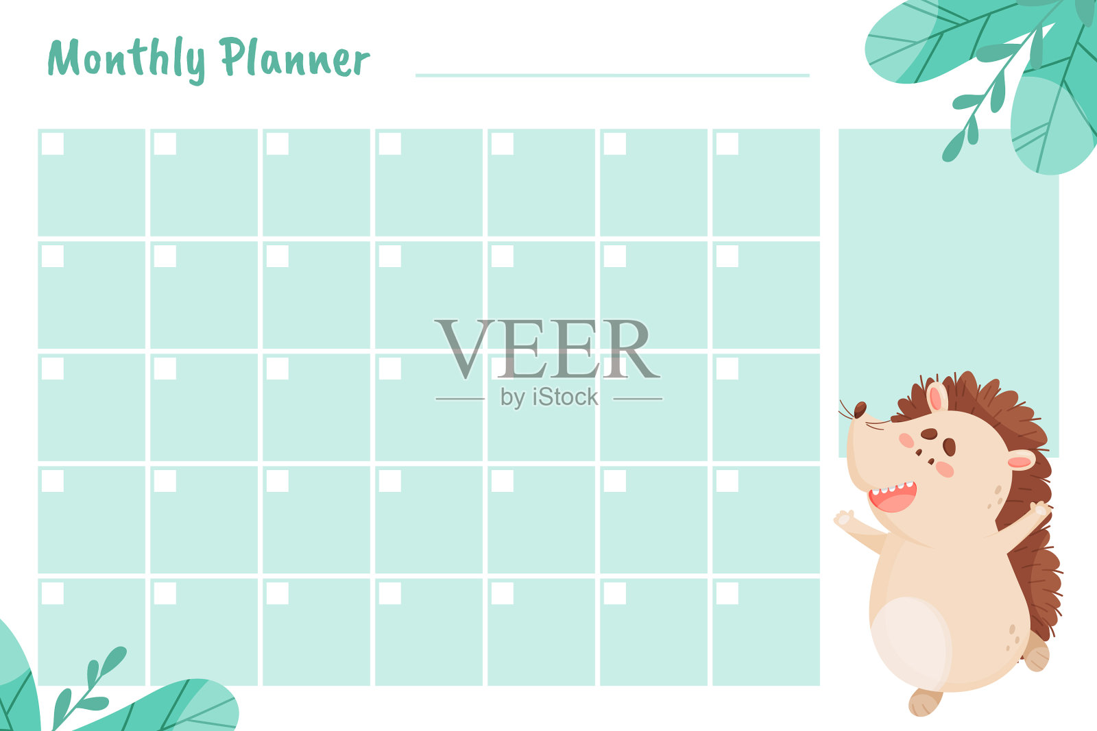 每月规划师与可爱的刺猬性格和插画图片素材