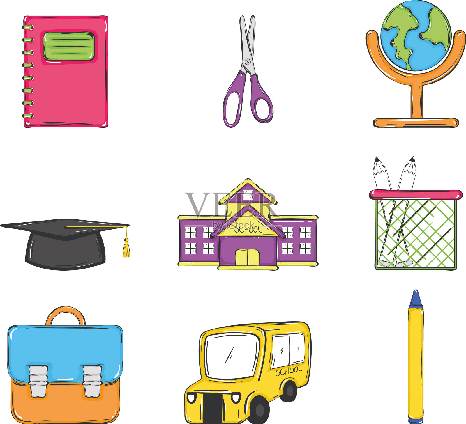 一套彩色的学校用品素描图标插画图片素材