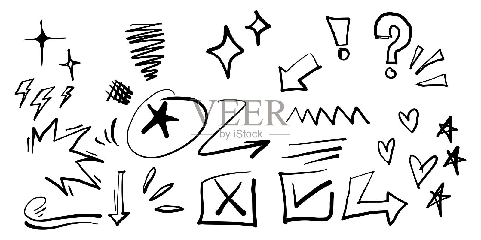 手绘的涂鸦强调元素集。闪闪发光，闪光，星星，爱，箭。孤立在白色背景上。矢量图插画图片素材