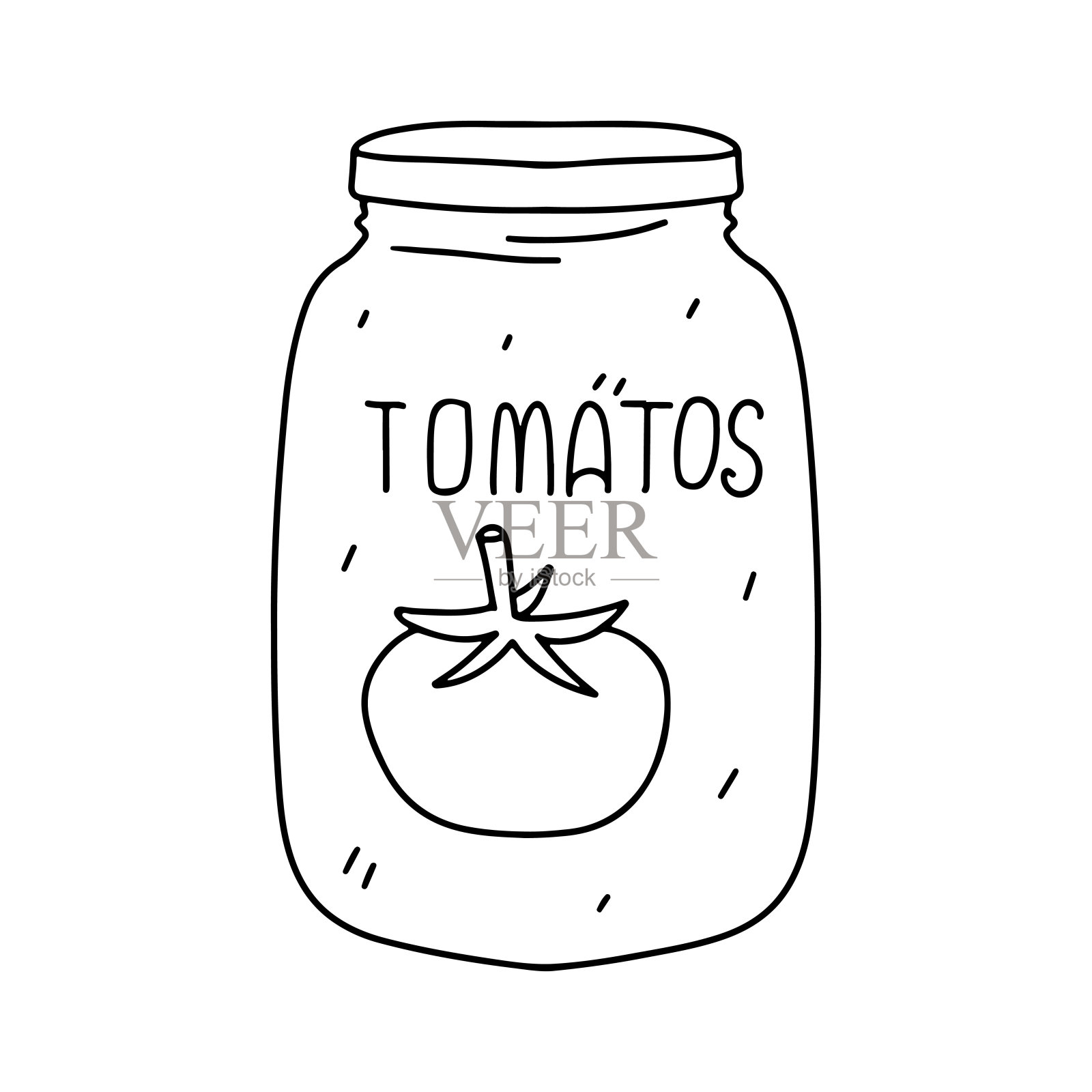 玻璃罐里的西红柿。手绘涂鸦风格。矢量插图隔离在白色。着色页面。插画图片素材