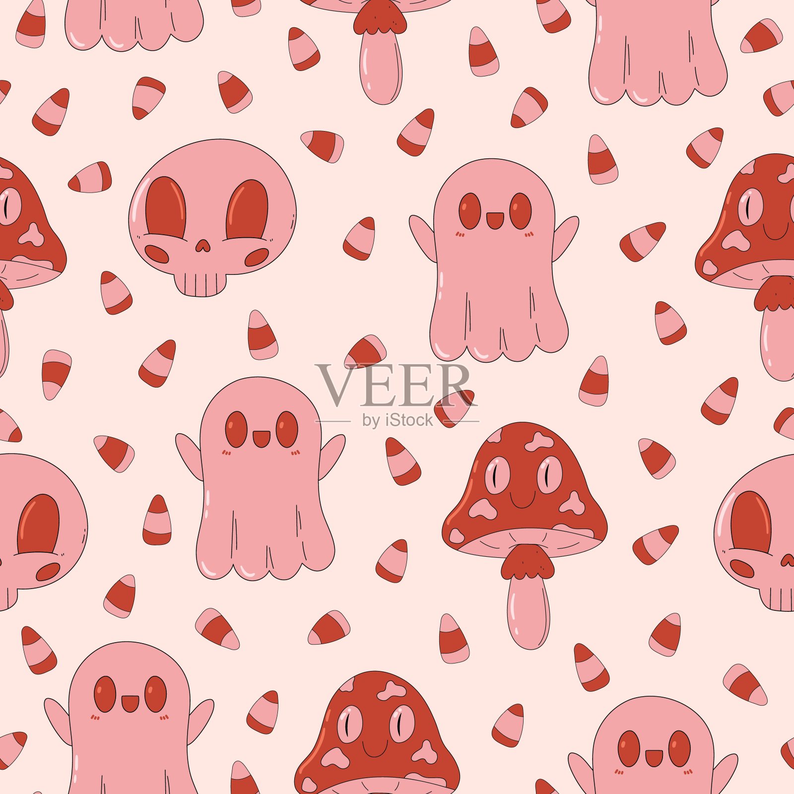 可爱和令人毛骨悚然的无缝图案。时髦的粉色和红色印花。复古卡通风格。大锅，骷髅，药水，蘑菇，鬼魂。万圣节快乐。插画图片素材