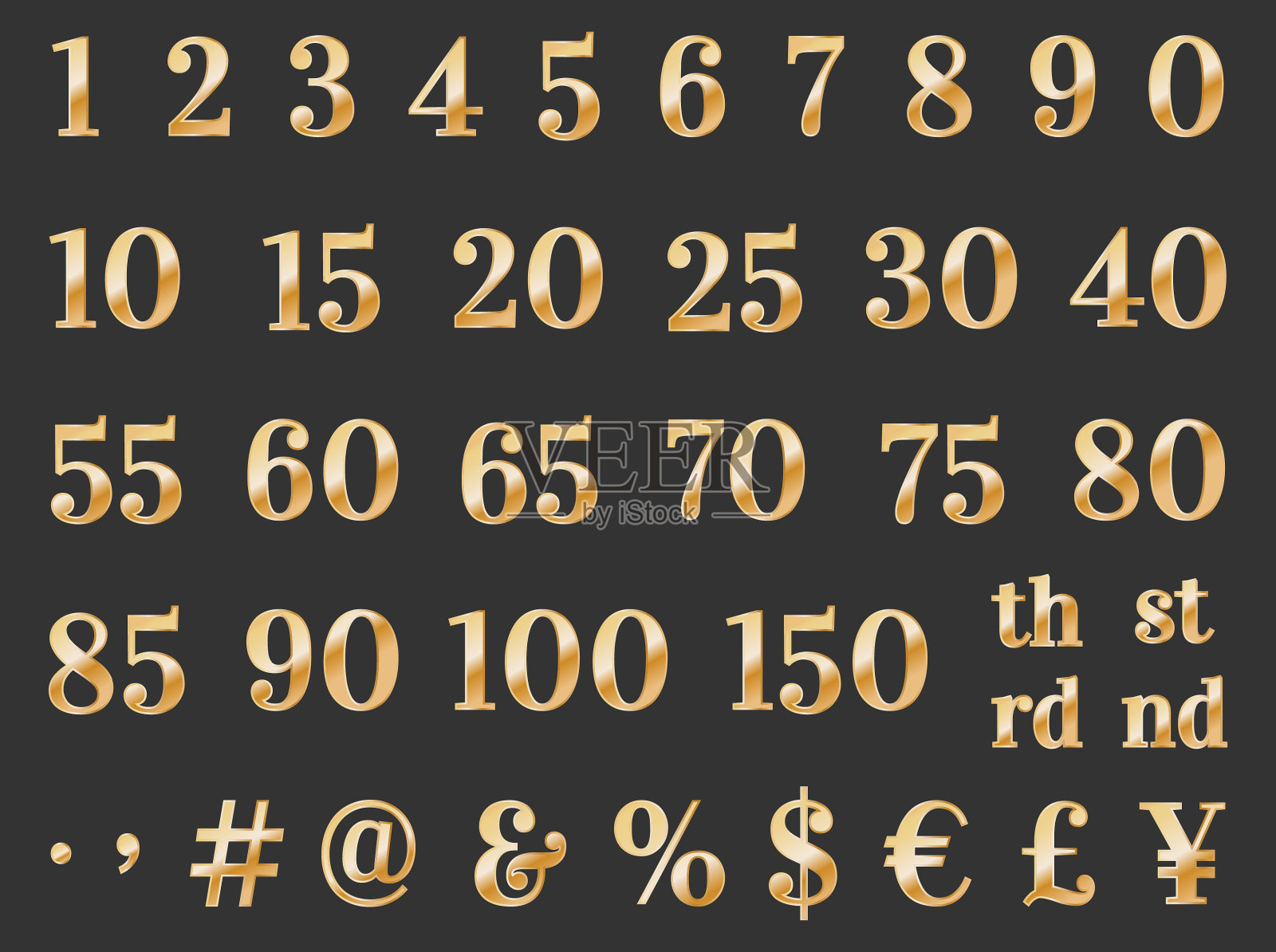 一组黄金数字。标志和符号。金色的金属数字。从单个数字中，你可以组合出你需要的组合。如果需要，可以调整渐变。向量插画图片素材