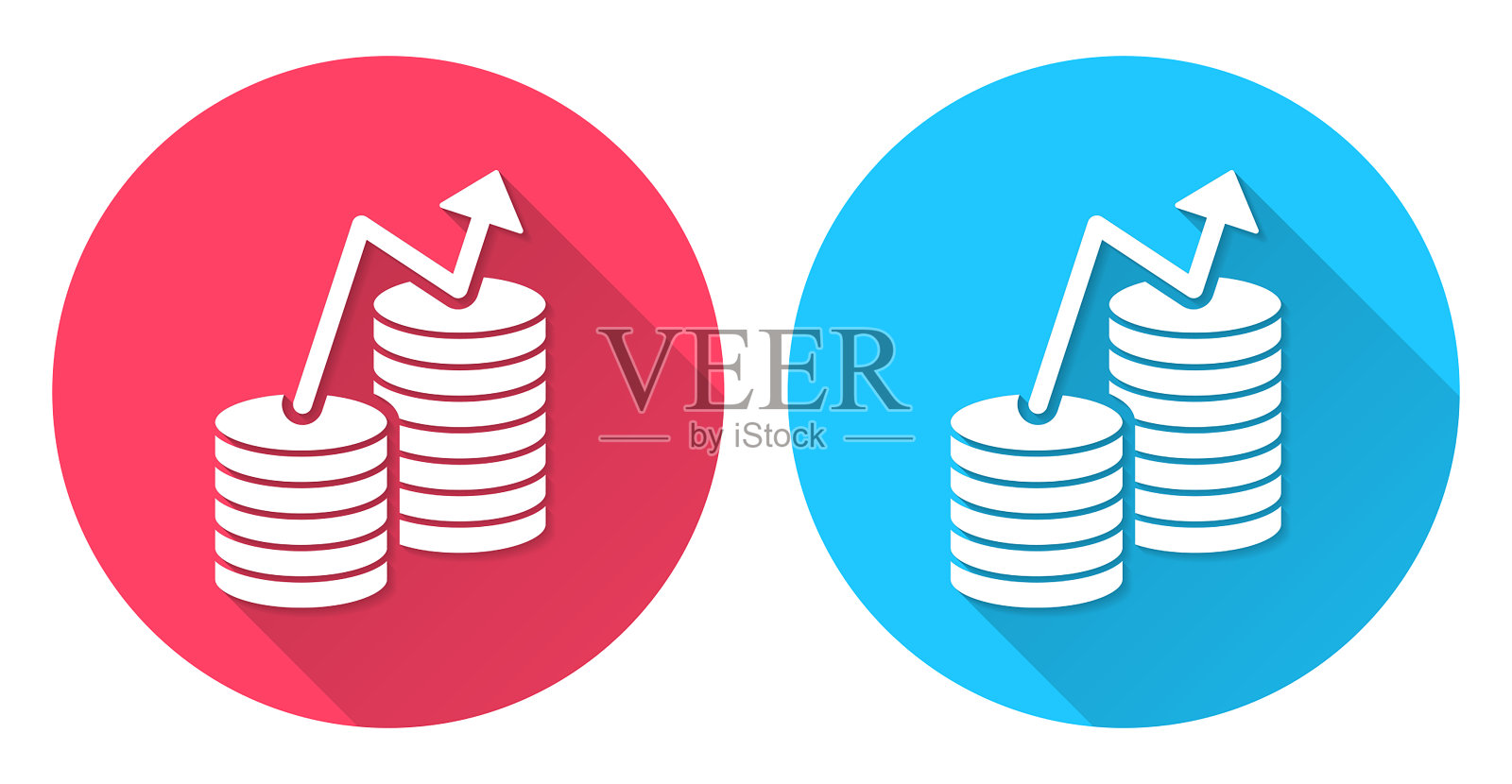 货币增长。圆形图标与长阴影在红色或蓝色的背景插画图片素材
