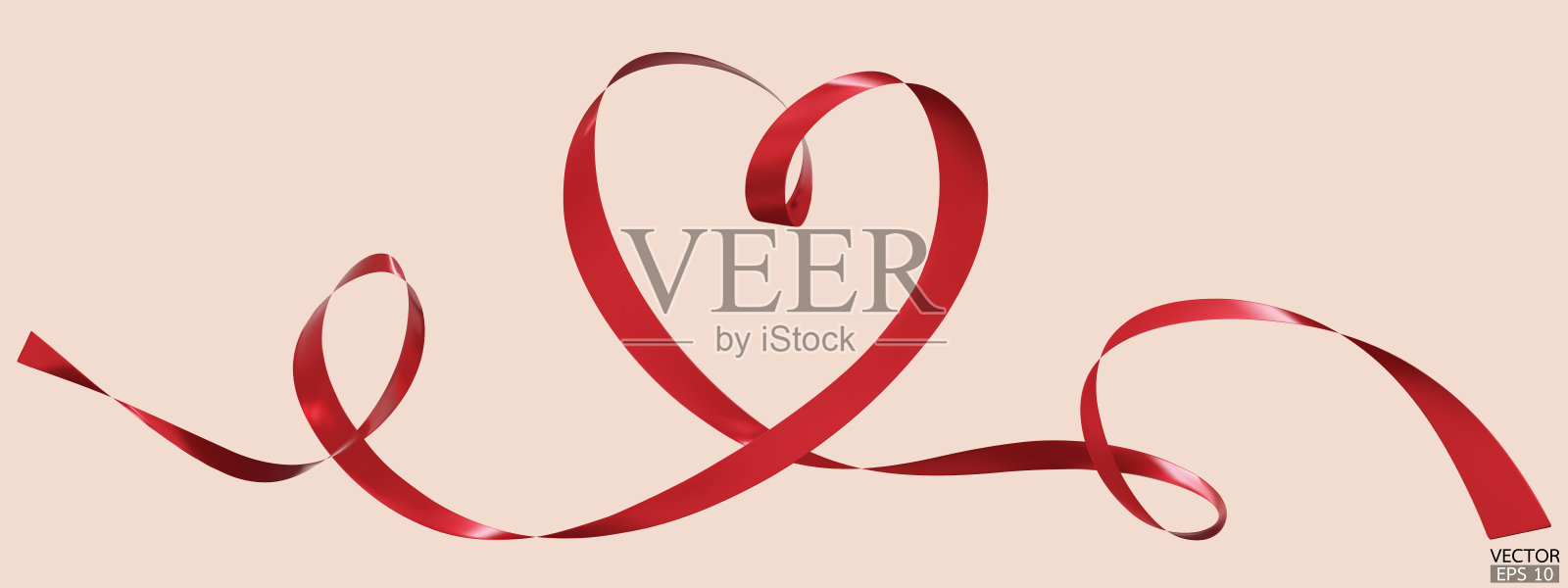 米色背景上隔离的红色丝带心形。连续丝带线条艺术绘画。情人节、母亲节婚礼和印刷元素。3D矢量图。插画图片素材