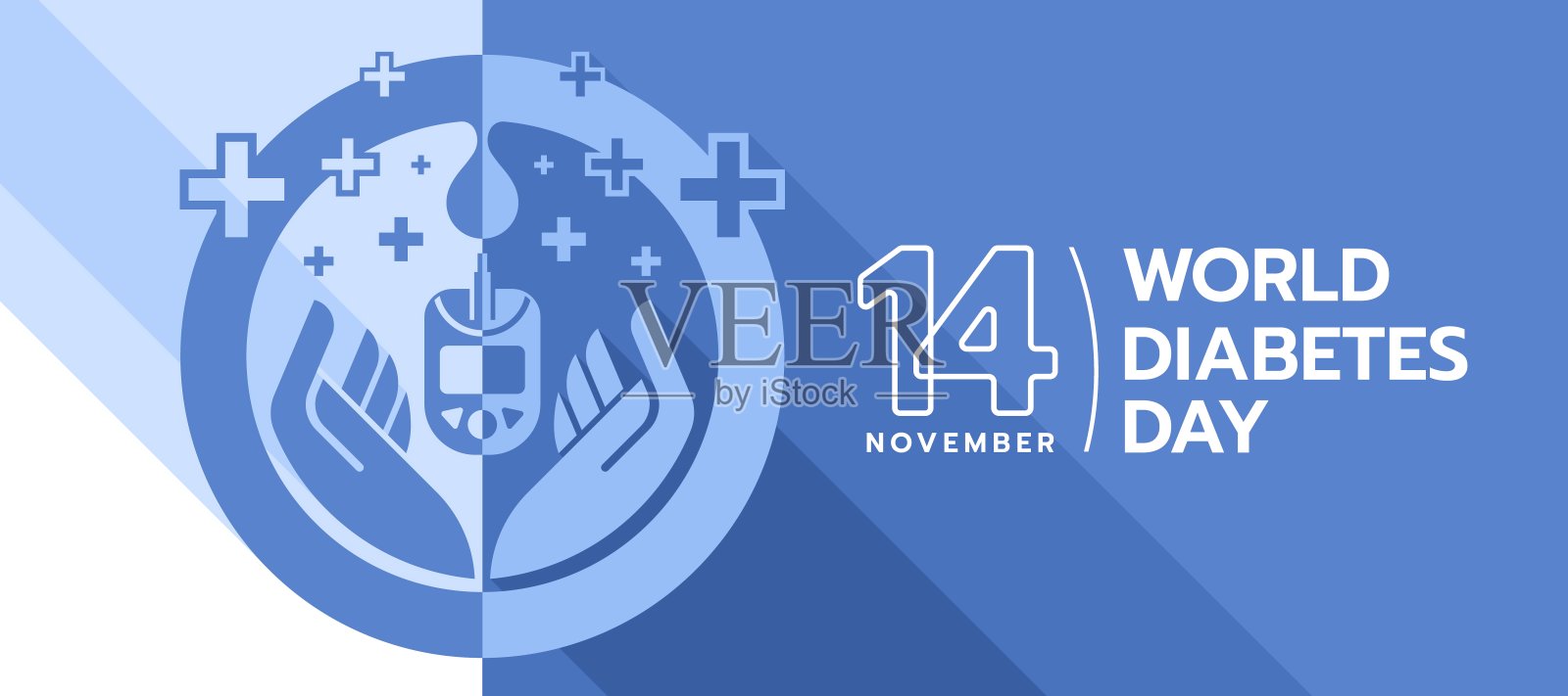 世界糖尿病日手握葡萄糖测试血液计在蓝色圆圈符号与滴血在白色和半蓝色的背景矢量设计插画图片素材