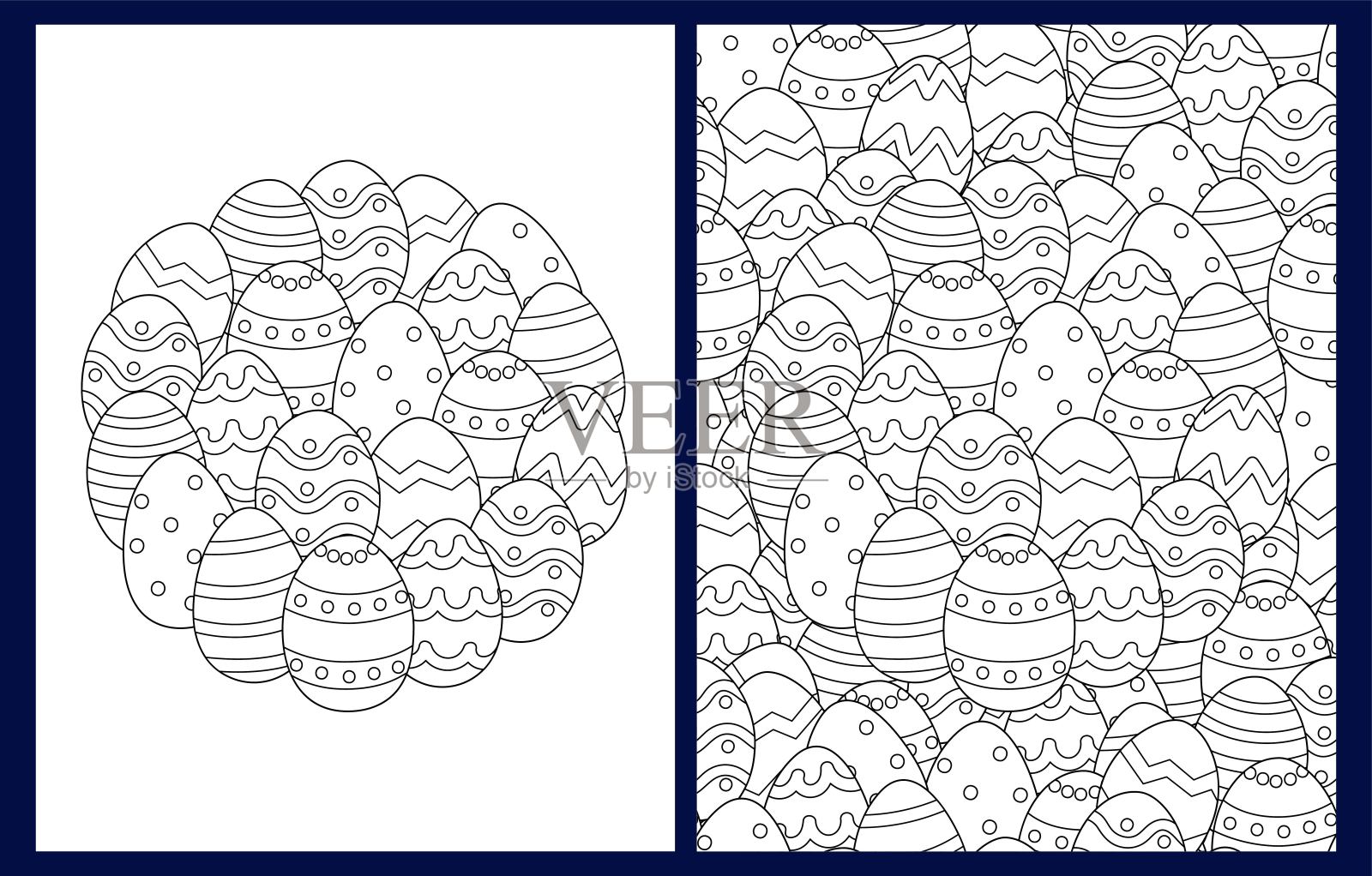 复活节彩蛋彩色页设置在美国字母格式。涂鸦背景插画图片素材