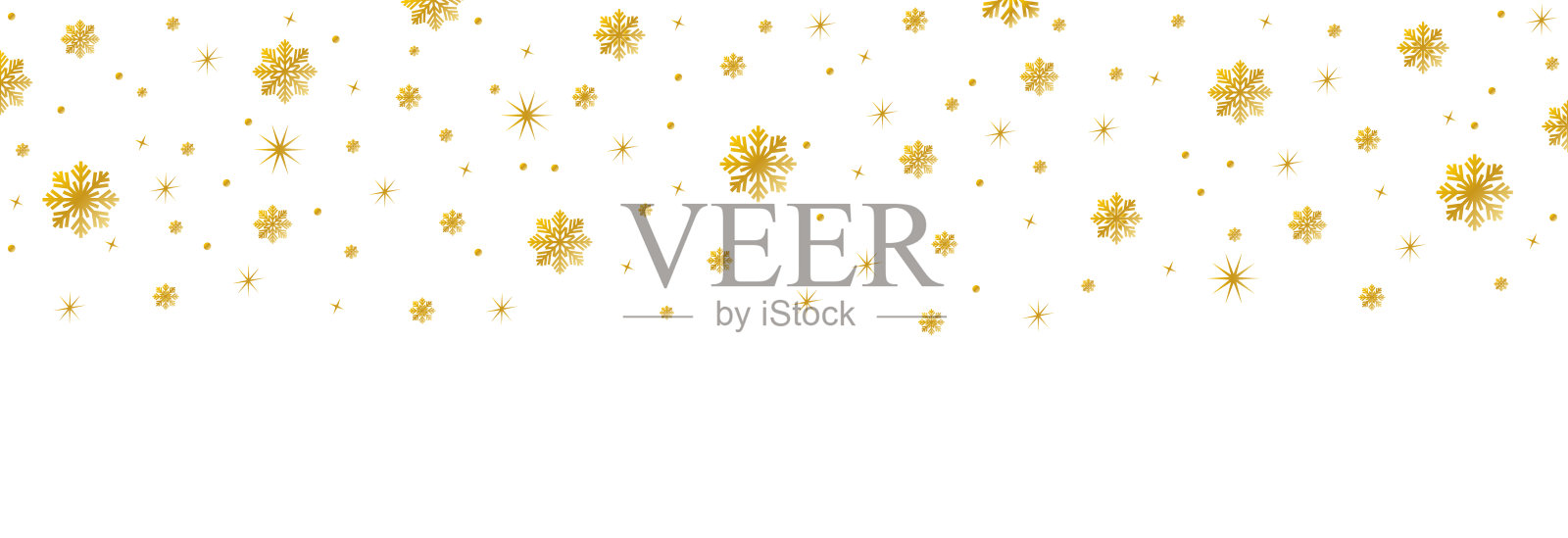 金色的雪花无缝边框。雪花下降。圣诞装饰用金色飘落的雪花。冬天的背景。插画图片素材