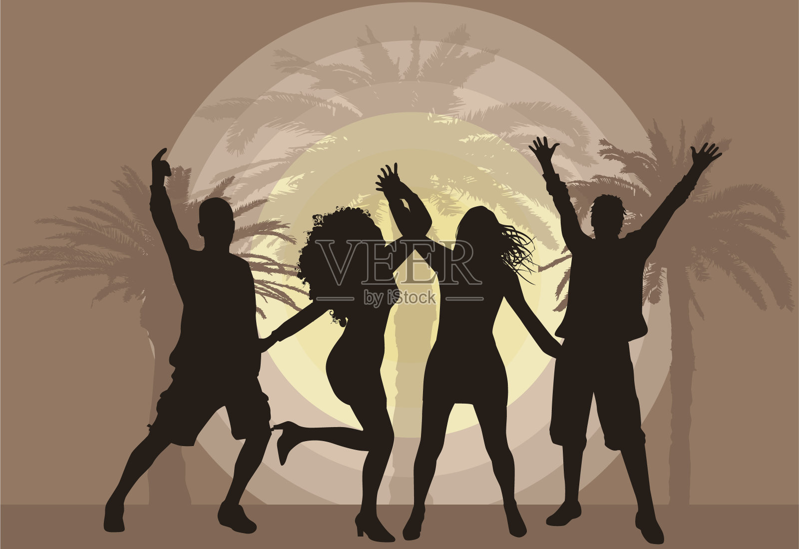 棕榈树下人们跳舞的剪影。插画图片素材