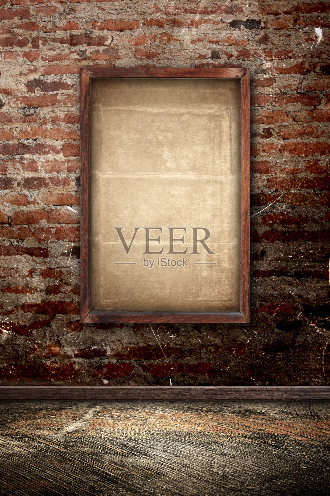 砖墙房间的复古框架和复古皮椅照片摄影图片