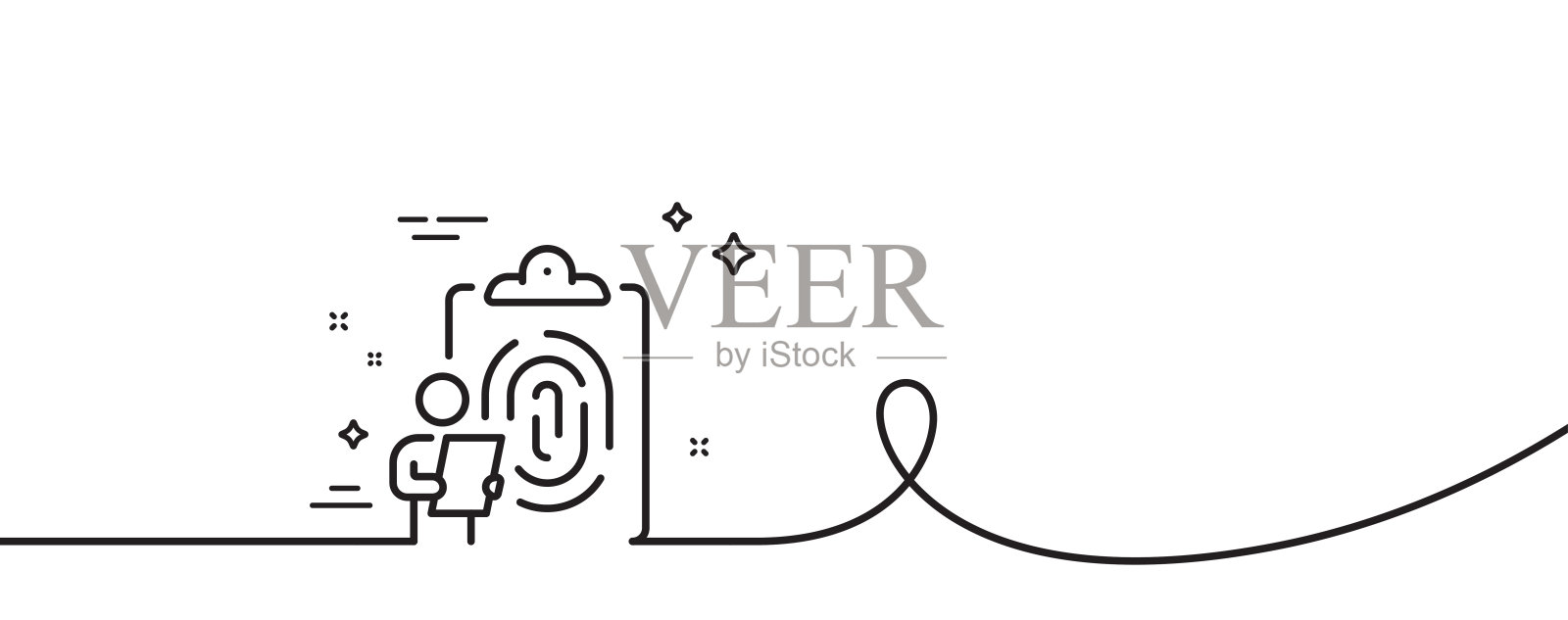 指纹剪贴板线图标。指纹扫描标志。带旋度的连续线。向量插画图片素材