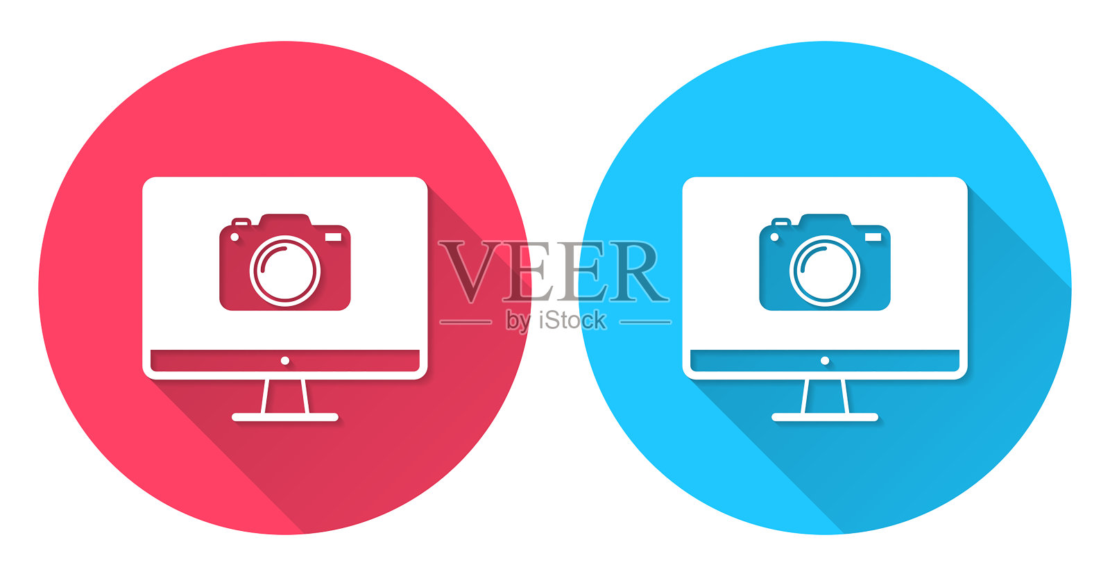带摄像头的台式电脑。圆形图标与长阴影在红色或蓝色的背景插画图片素材