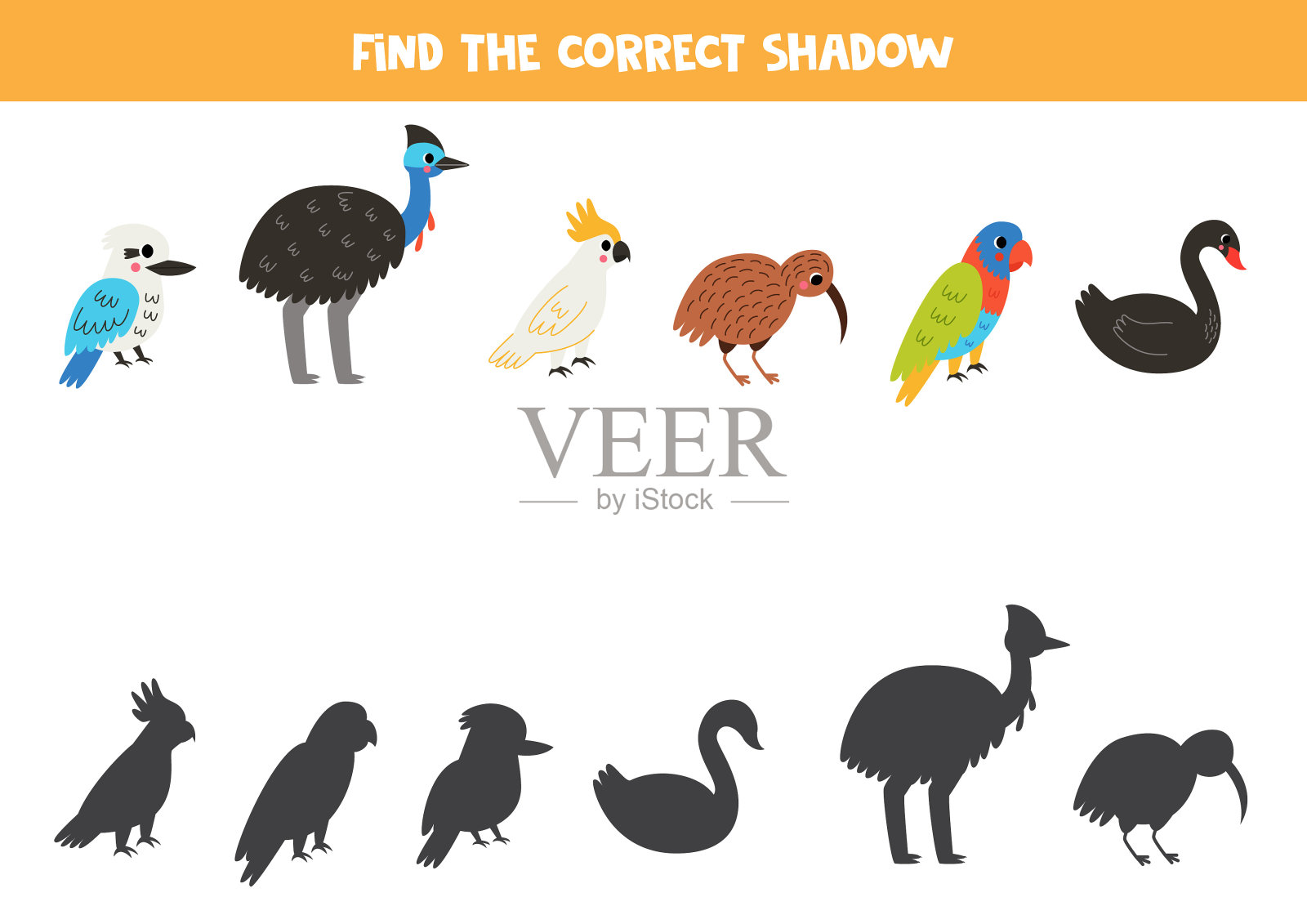 寻找可爱的澳大利亚鸟的影子。儿童教育逻辑游戏。为学龄前儿童准备的可打印工作表。插画图片素材