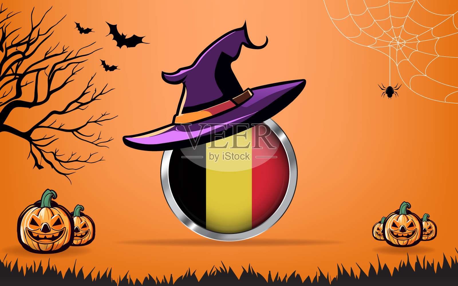 比利时圆旗与快乐的万圣节横幅或派对邀请背景。蝙蝠，蜘蛛和南瓜，橙色背景。插画图片素材