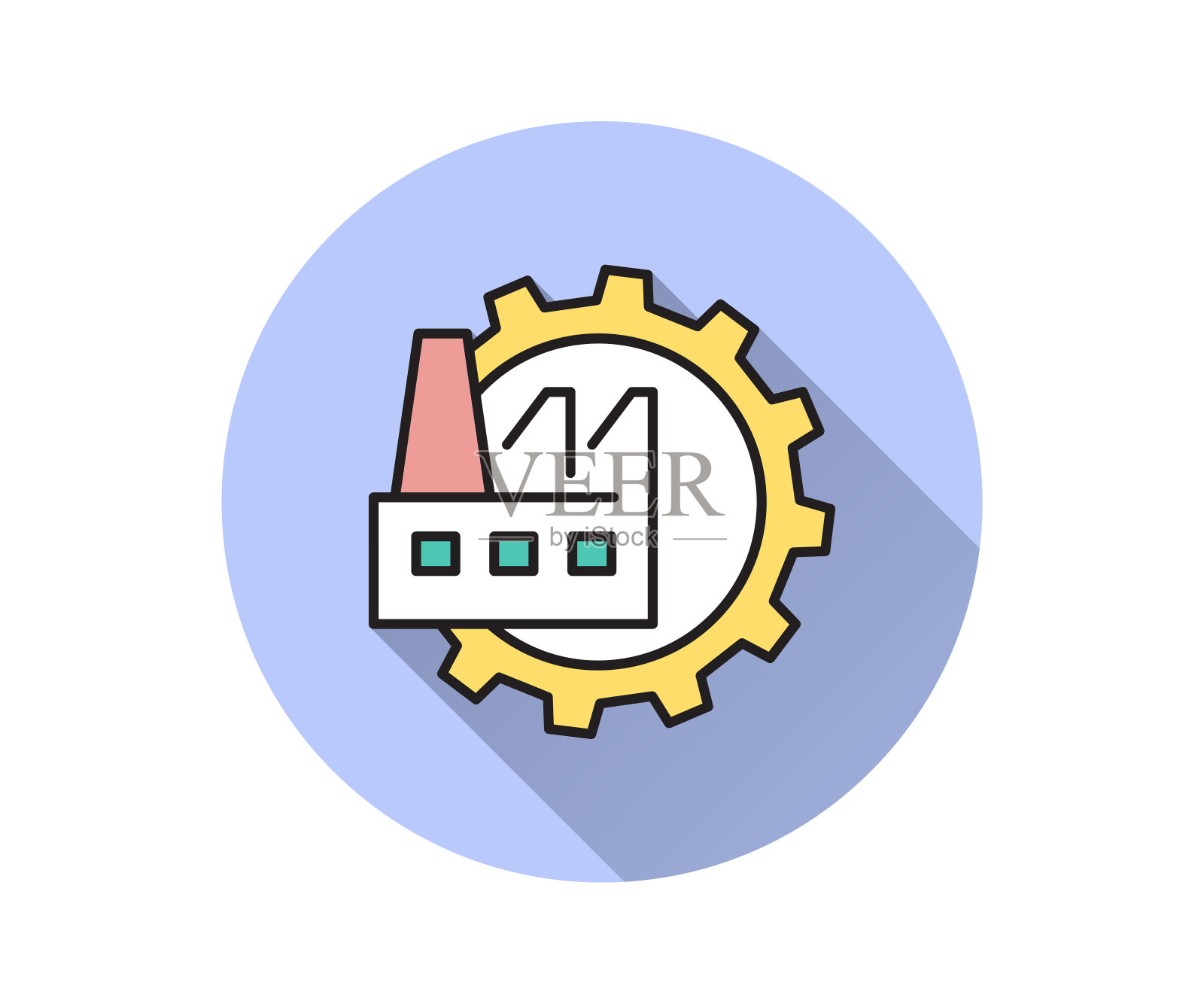 工厂平面图标与齿轮。简单的插图与长阴影图形和网页设计。平面图标与长阴影图形和网页设计。插画图片素材