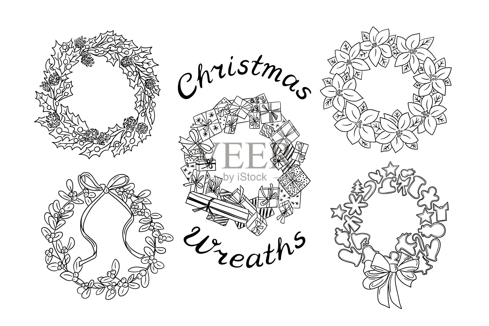 圣诞涂鸦手工制作不同的节日花环插画图片素材