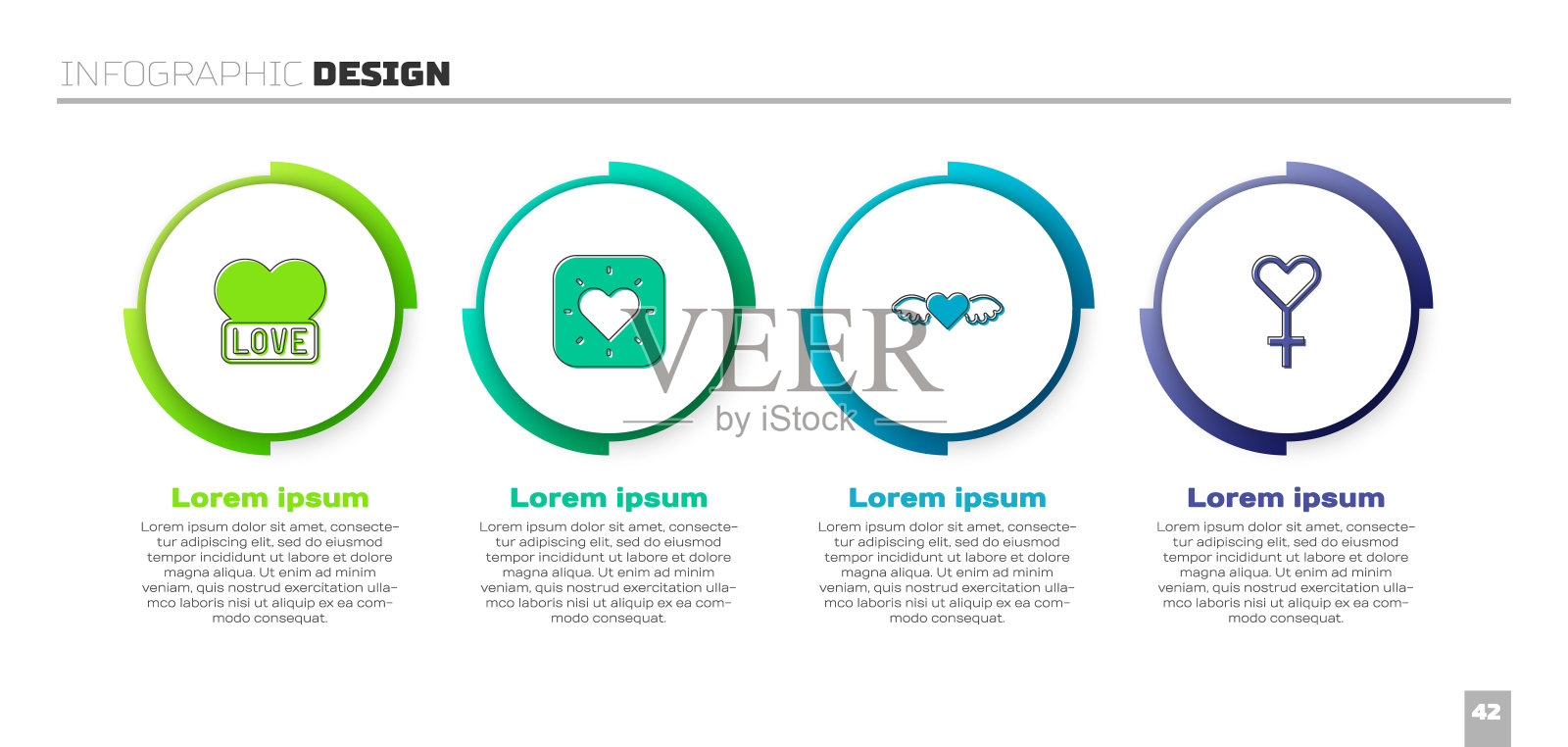 集心，带有翅膀和女性的性别象征。业务信息图表模板。向量插画图片素材