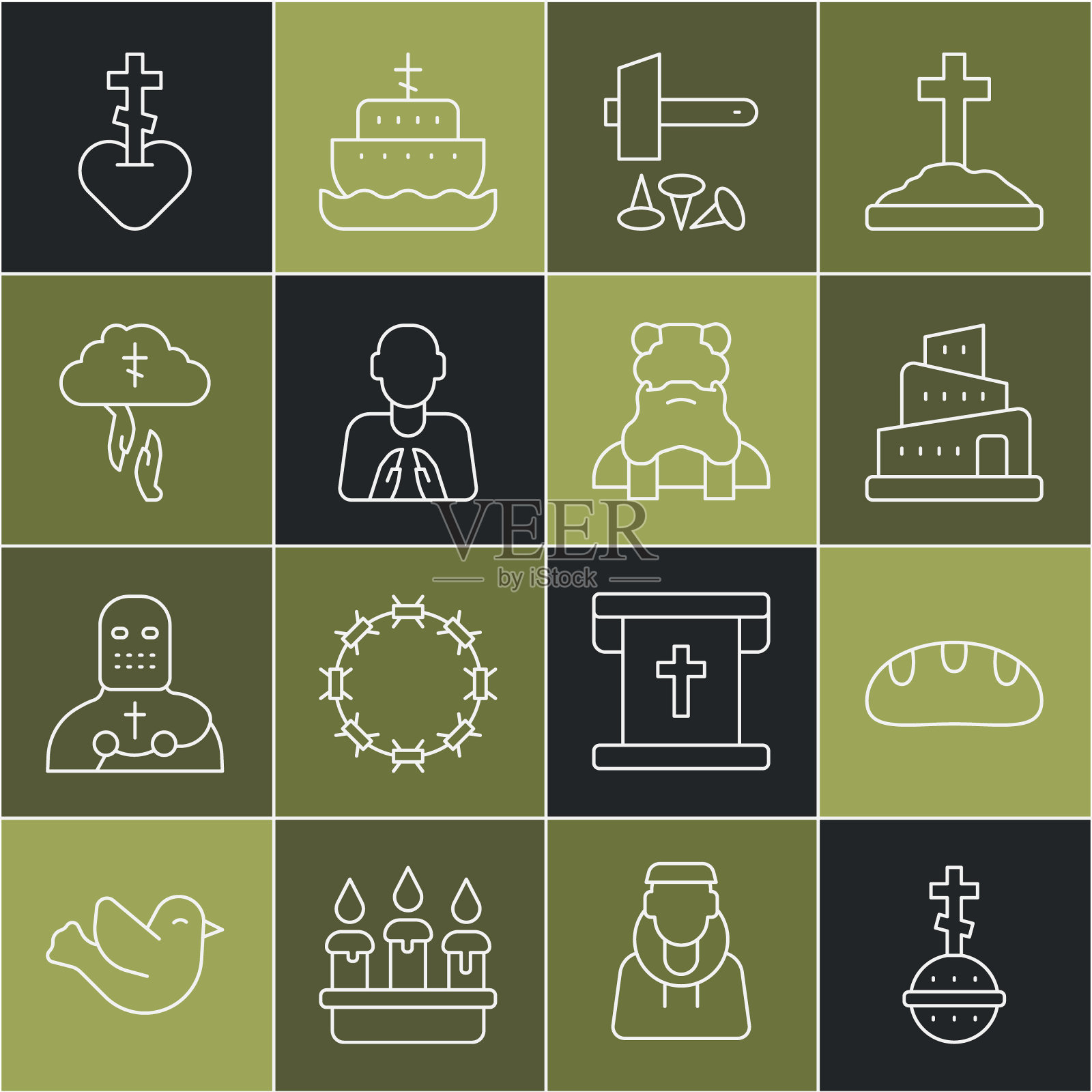 设置基督教十字架，面包，巴别塔圣经故事，耶稣受难，双手在祈祷的位置，上帝的援助之手，宗教的心和牧师的图标。向量插画图片素材