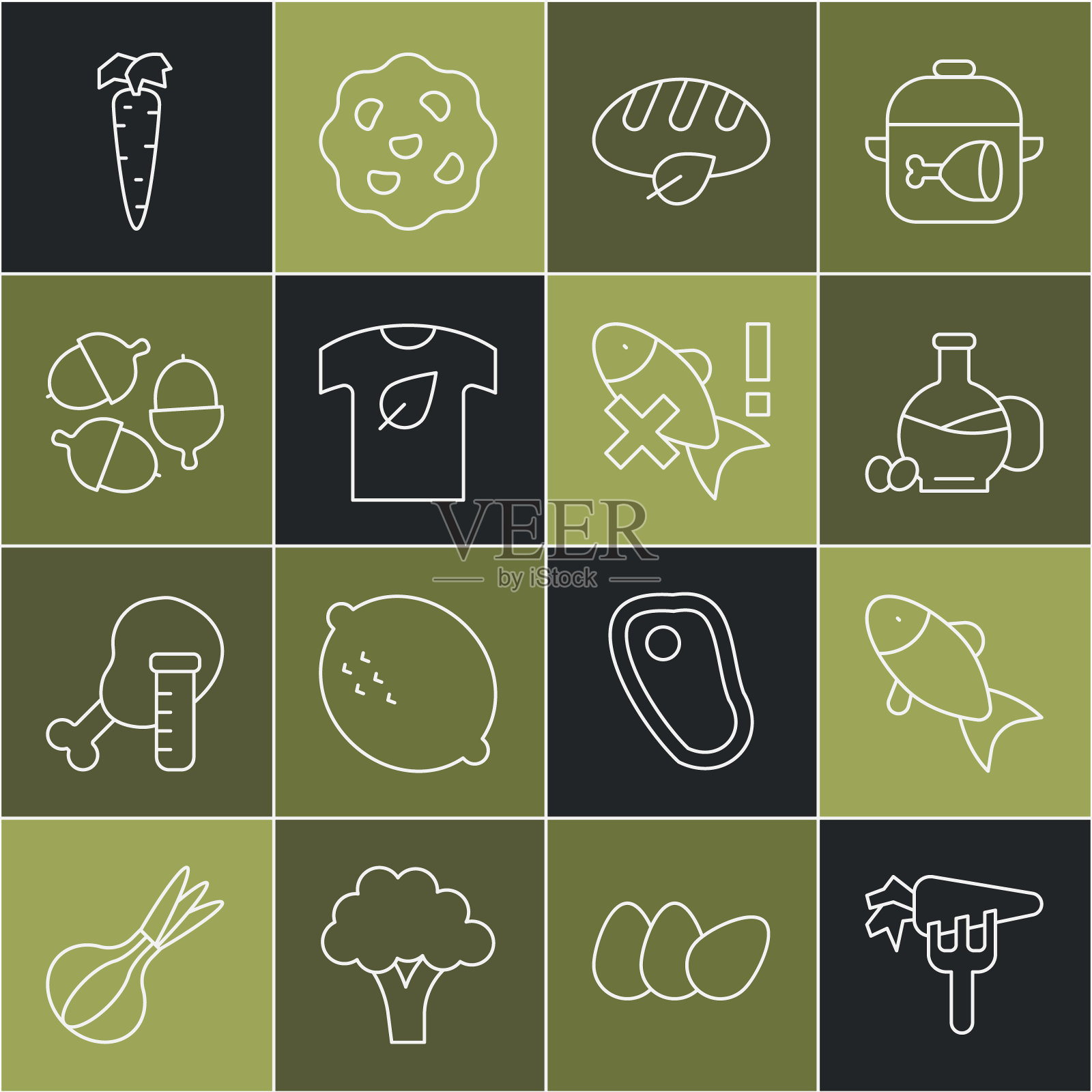 设线胡萝卜，鱼，一瓶橄榄油，素食面包，衬衫，橡子，和无鱼图标。向量插画图片素材