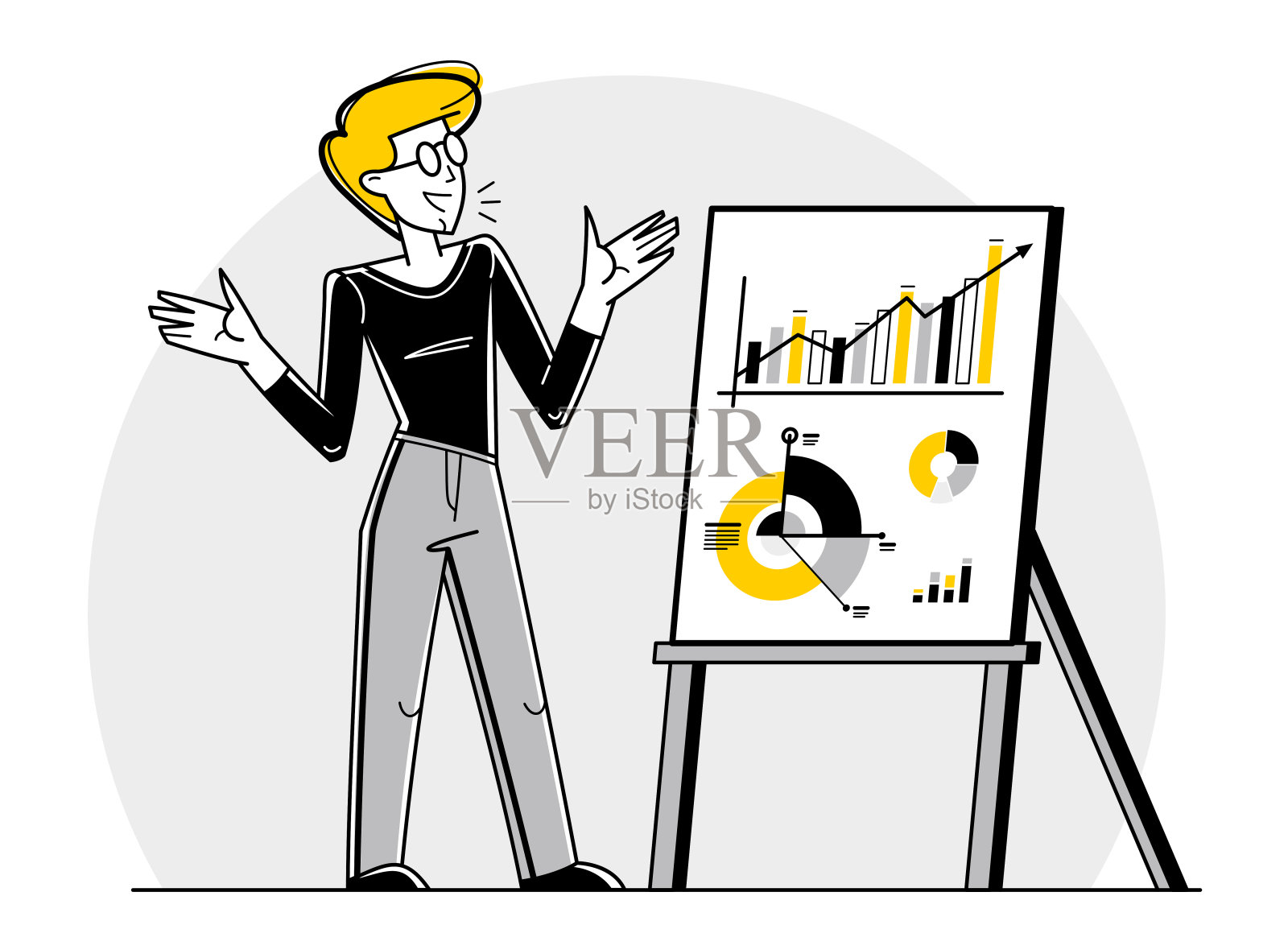 商业培训矢量大纲插图，教练讲师在研讨会上教人们关于商业和金融，技能提升。插画图片素材