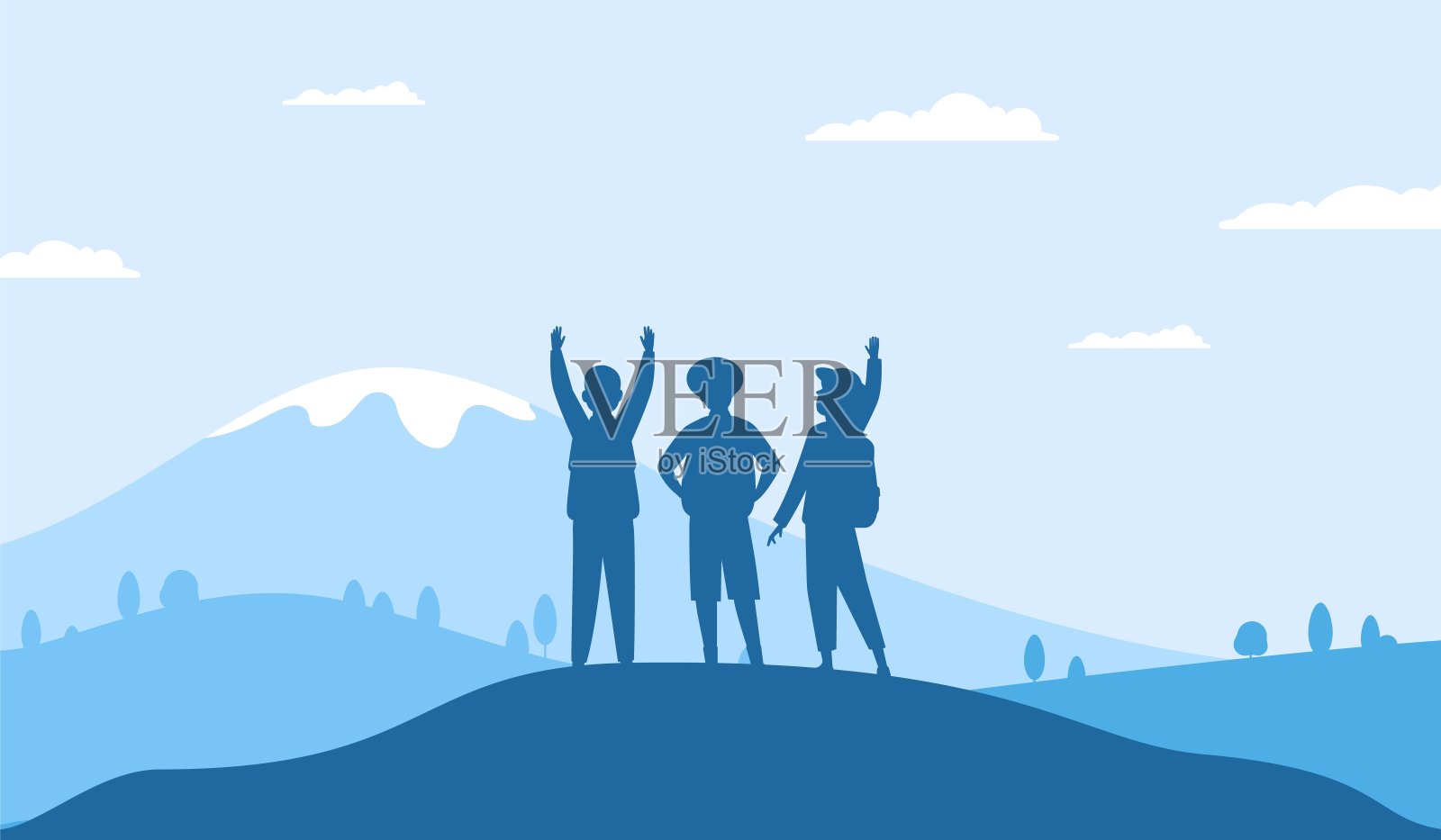 朋友在山上，设定和实现目标的比喻。快乐的人群剪影，平淡的人度假对自然最近的矢量场景插画图片素材
