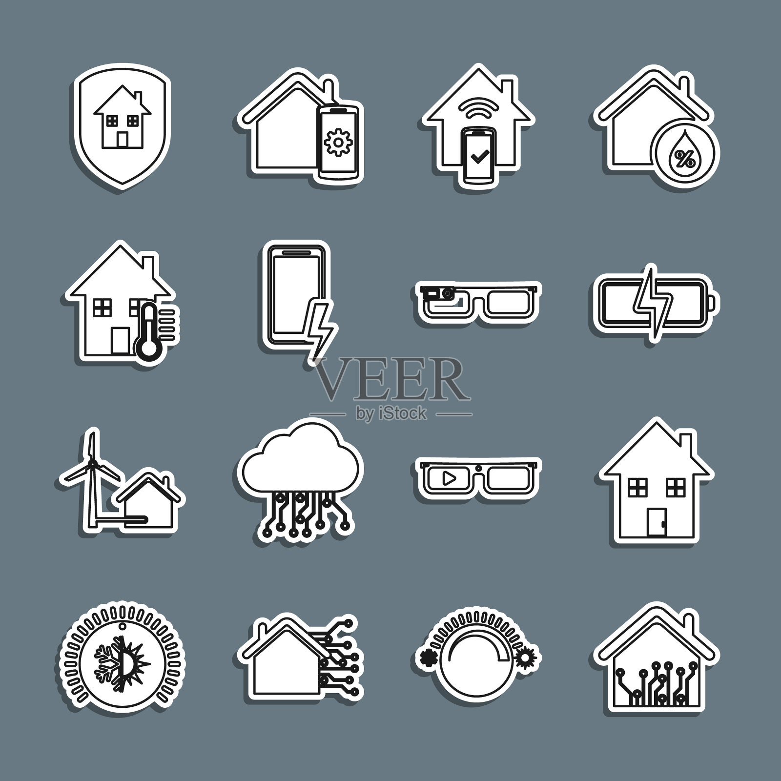 集智能家居，家居，电池，遥控系统，移动充电电池，温度，保护和眼镜图标。向量插画图片素材