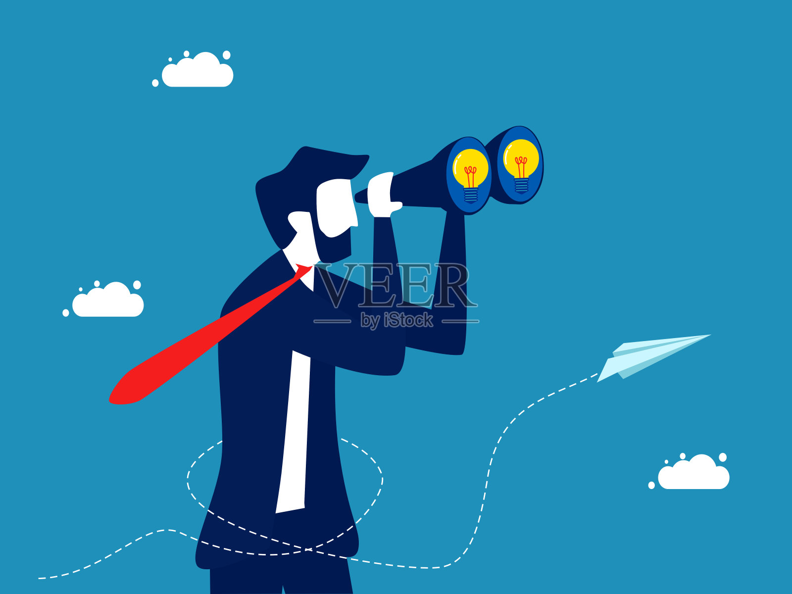 用知识预测未来。商人用双筒望远镜看灯泡插画图片素材