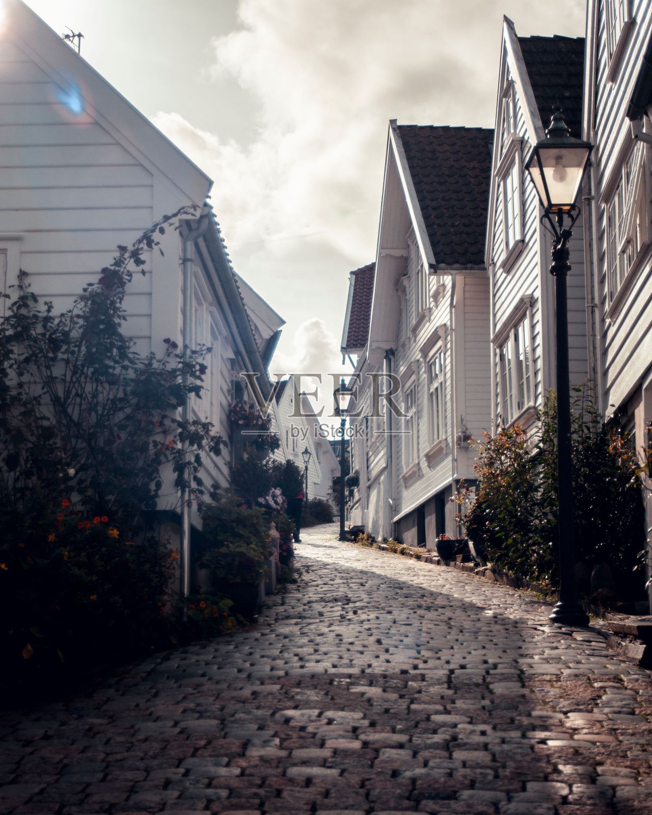 弯弯曲曲的砖砌小路，背景是建筑照片摄影图片