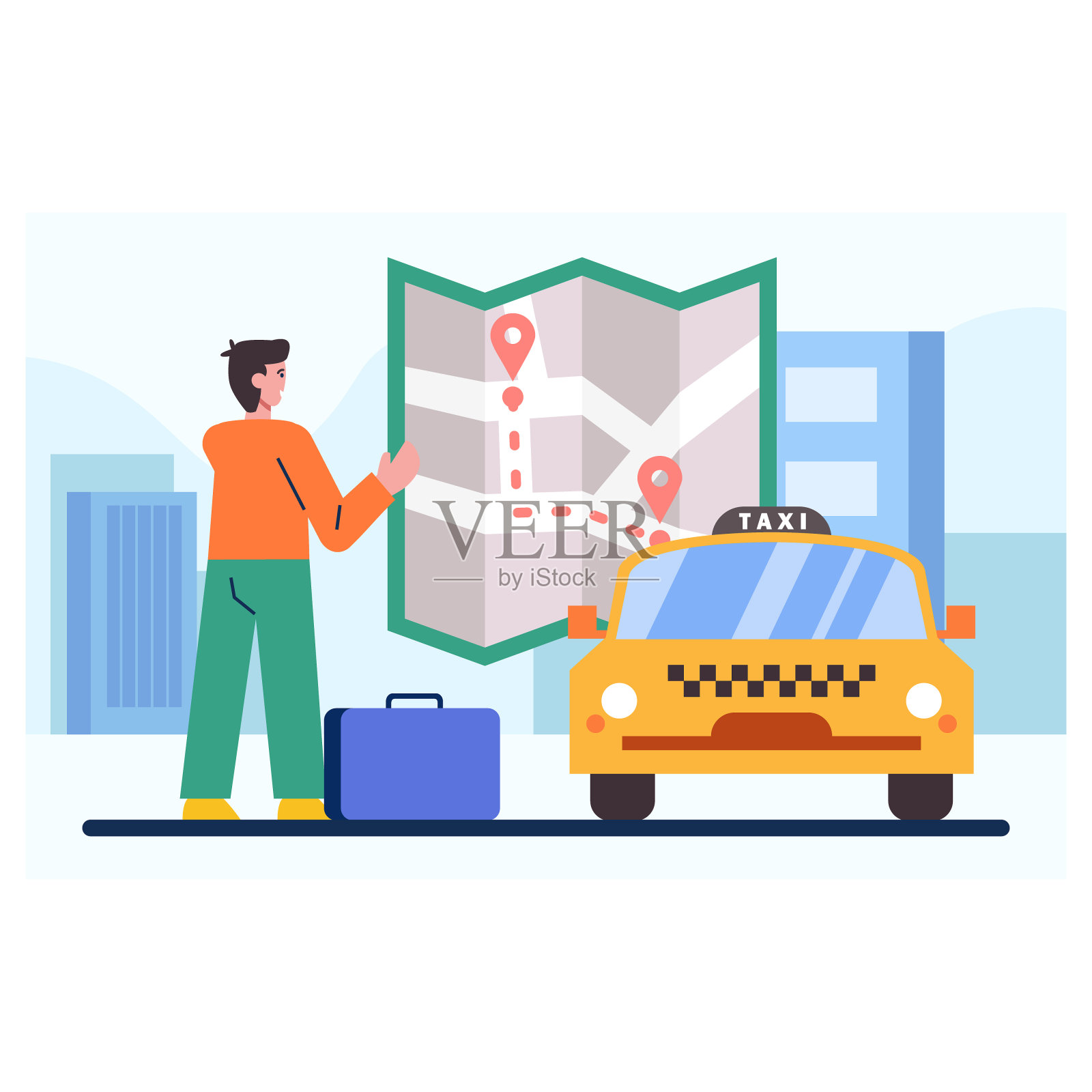 一个提着箱子的人站在大地图旁边思考。乘客正在寻找通往目的地的正确路线插画图片素材