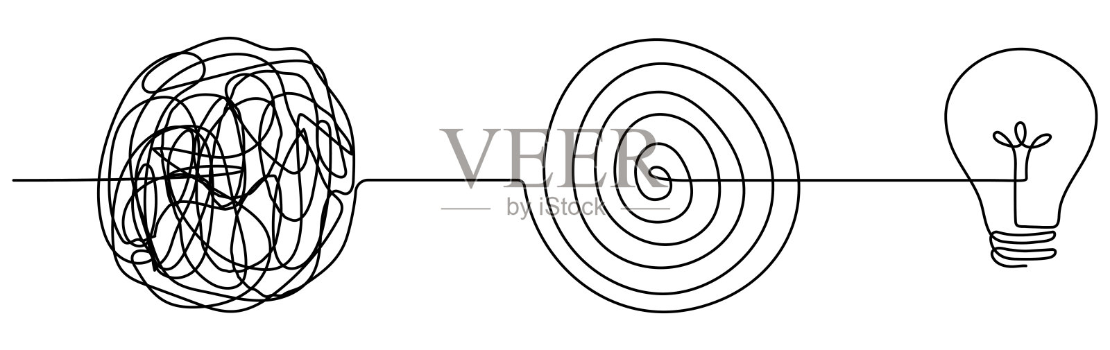 混乱和混乱的线条与灯泡连续一条线绘制。插画图片素材
