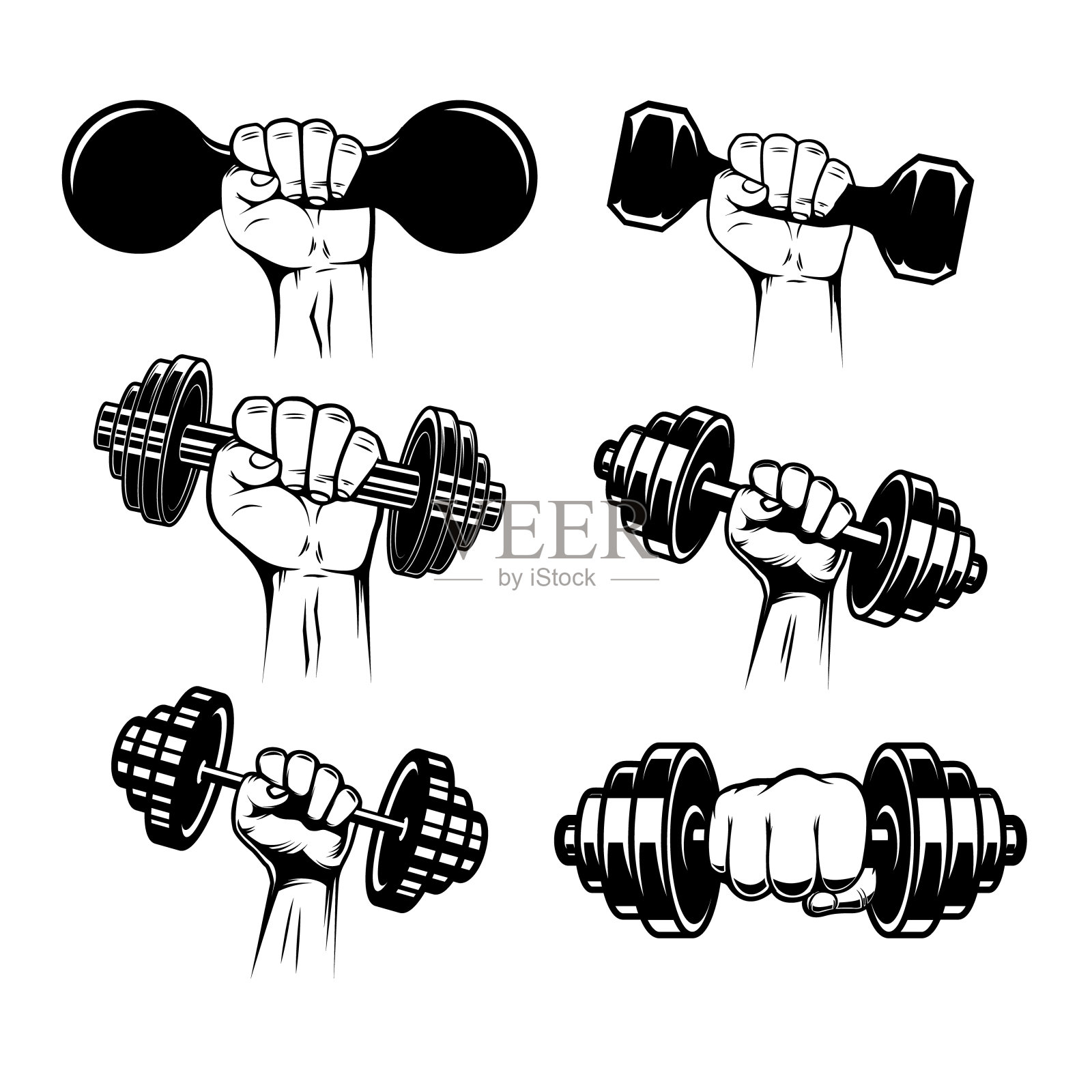 一套插图的运动员手与哑铃，杠铃。海报，徽章，标志，标签的设计元素。插画图片素材