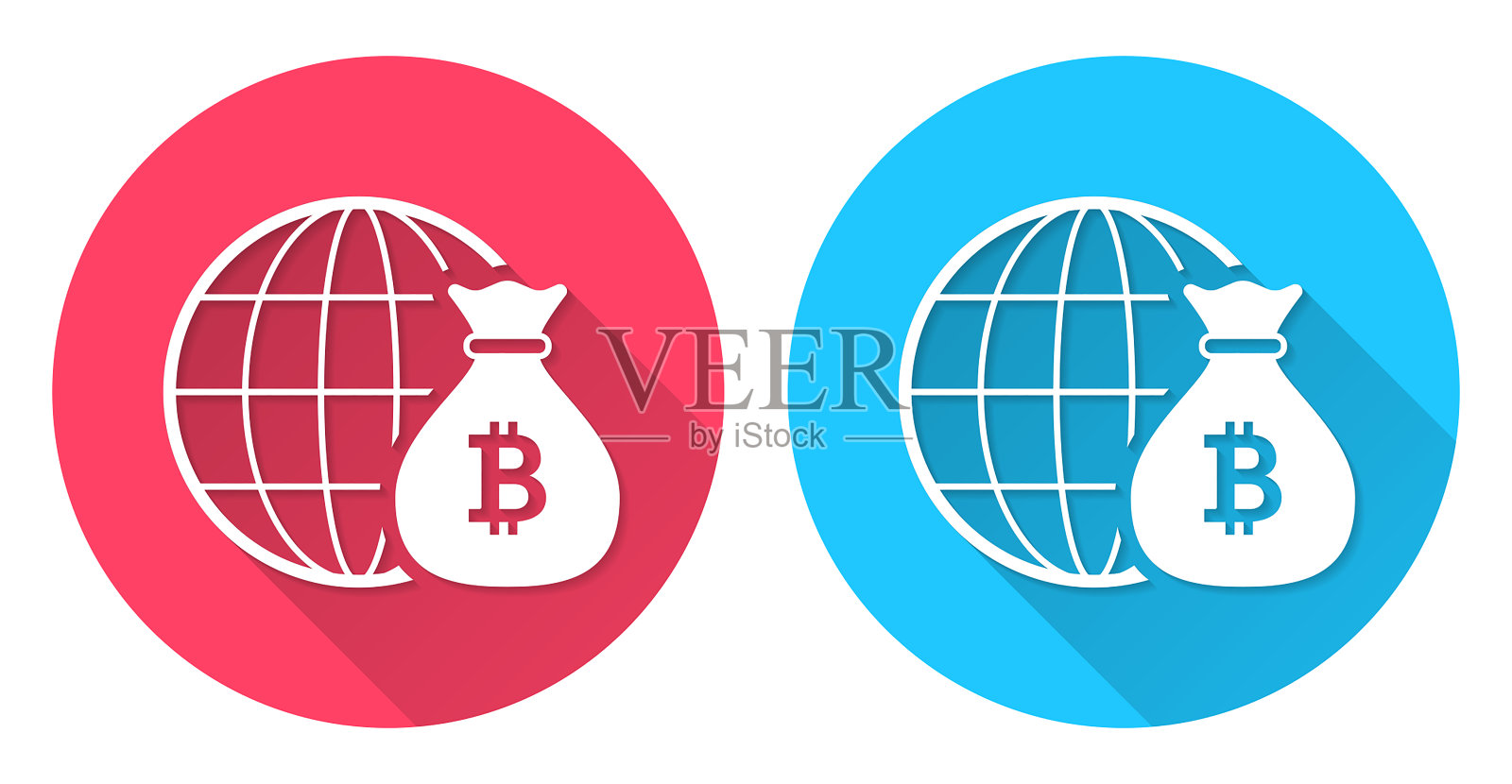 比特币遍布全球。圆形图标与长阴影在红色或蓝色的背景插画图片素材