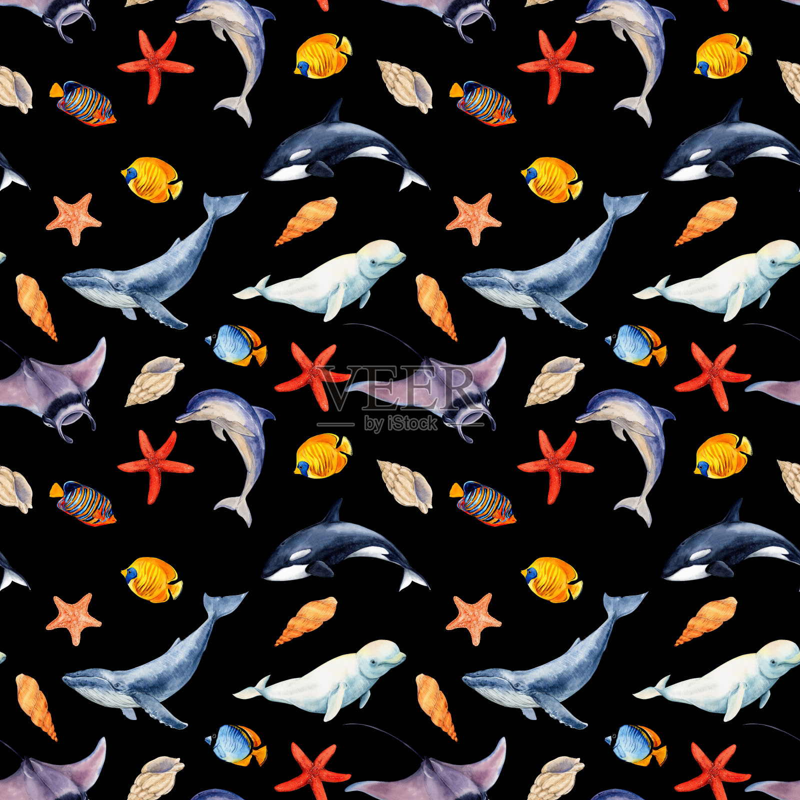 黑色背景上的热带鱼、海星和鲸鱼的无缝图案。水彩插图。Lipart用于织物设计、壁纸、夏装、泳衣、潜水服和沙滩垫。插画图片素材