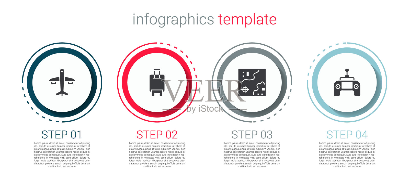 集飞机，行李箱，世界旅游地图和无人机遥控器。业务信息图表模板。向量插画图片素材