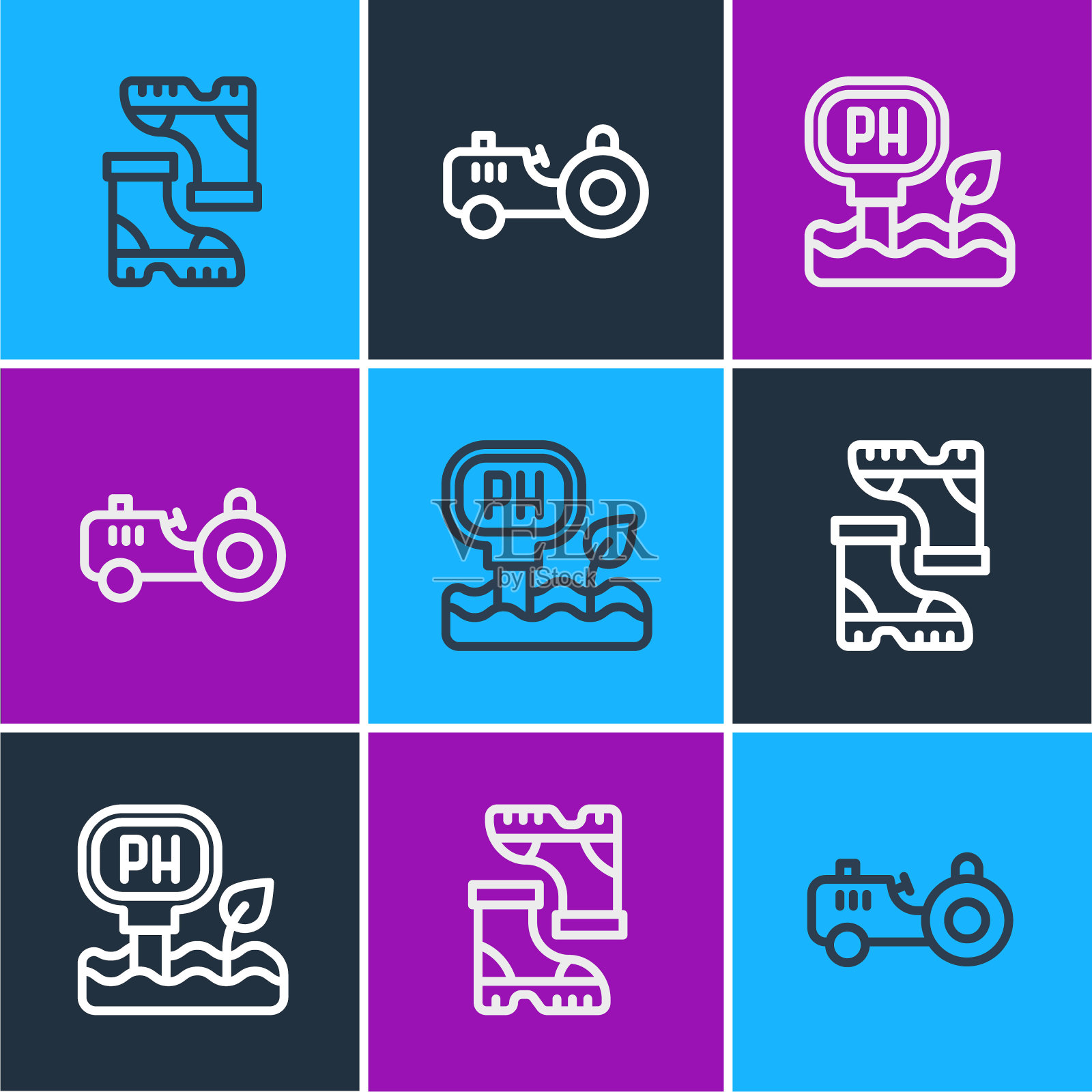 设置线防水橡胶靴，土壤ph值测试和拖拉机图标。向量插画图片素材