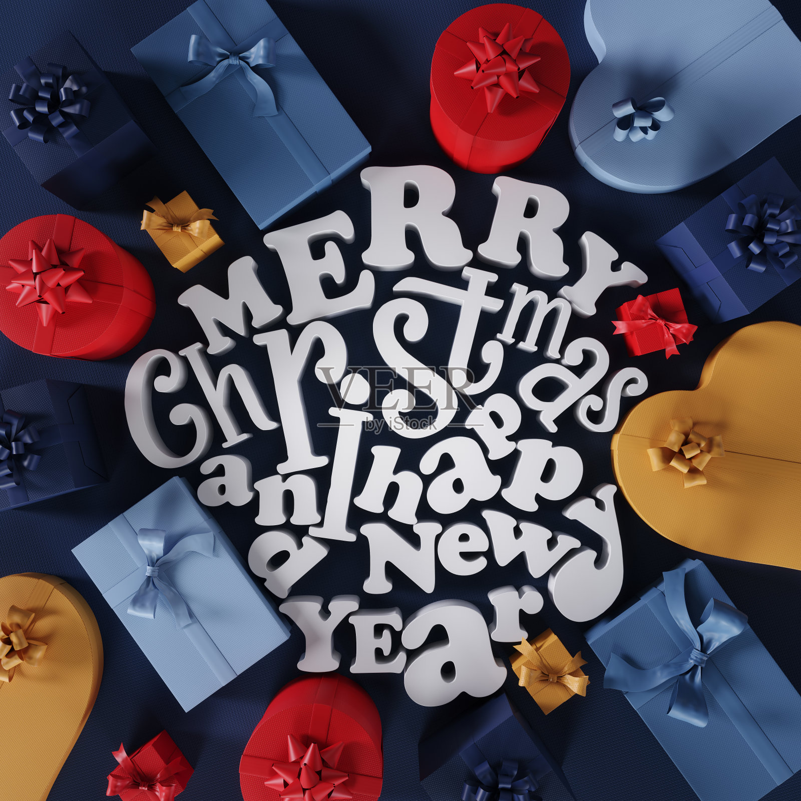 深蓝色背景上被彩色礼物环绕的巨大圣诞快乐白色文字创意圣诞banner设计照片摄影图片
