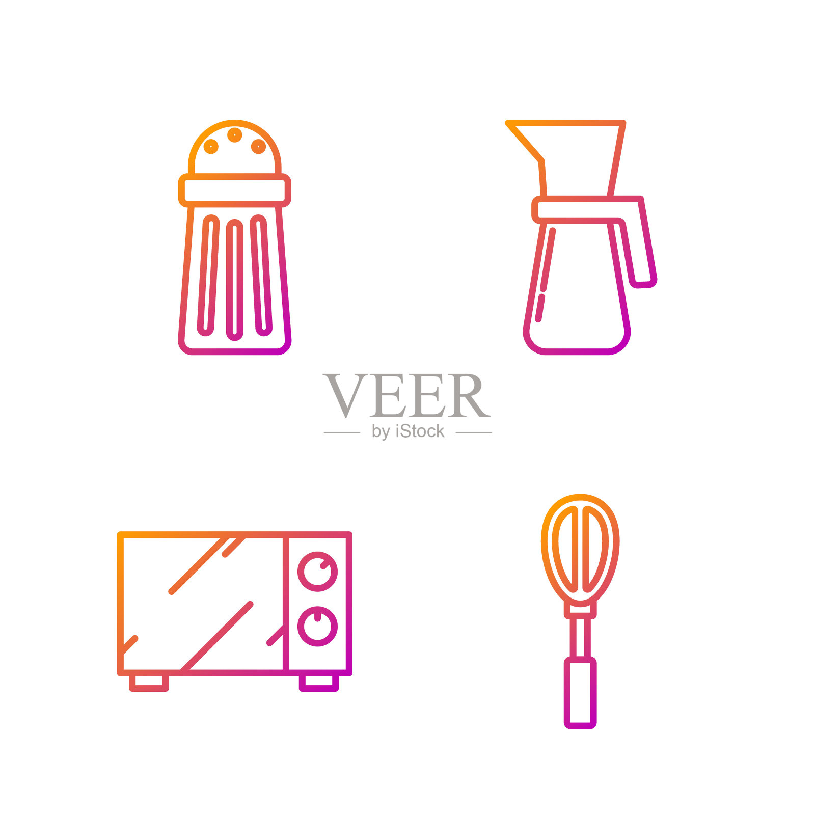 设置厨房打蛋器，微波炉，盐和量杯。渐变颜色图标。向量插画图片素材