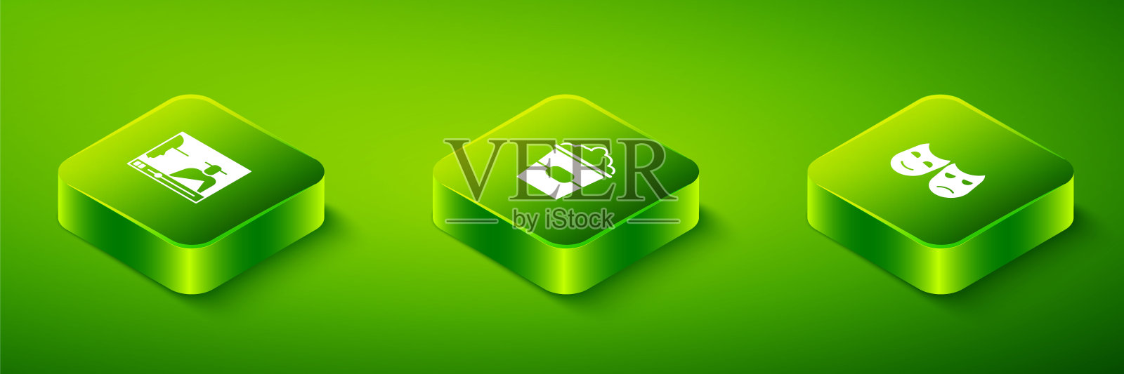 设置等距爆米花盒，喜剧和悲剧面具和在线播放视频图标。向量插画图片素材