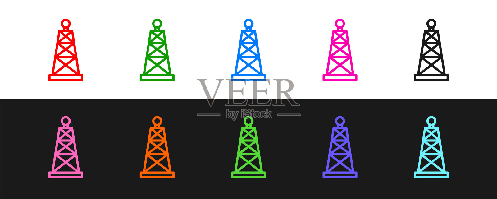 设置线石油钻机图标孤立的黑色和白色的背景。气塔。工业对象。向量插画图片素材